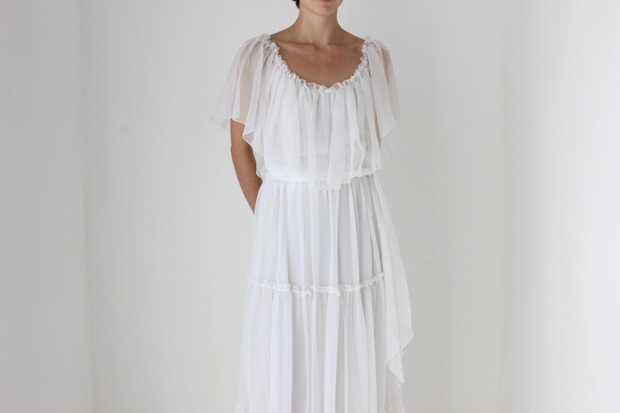 Romantic 70s Organza Tiered Ruffle Flutter Dress