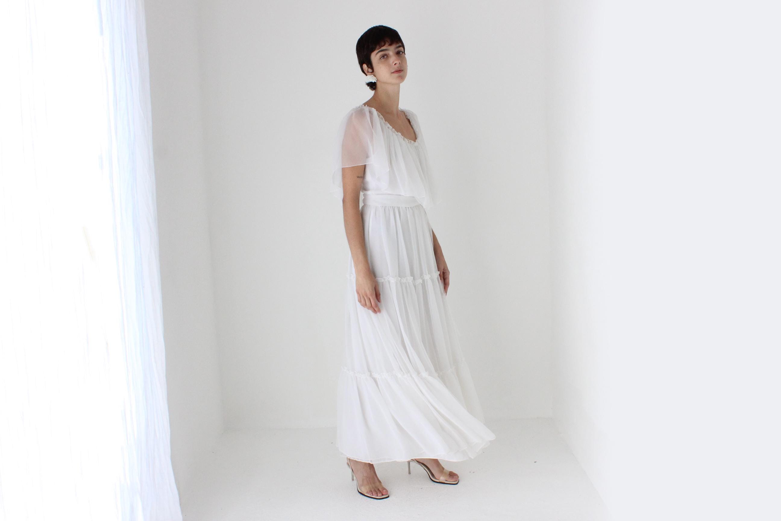 Romantic 70s Organza Tiered Ruffle Flutter Dress