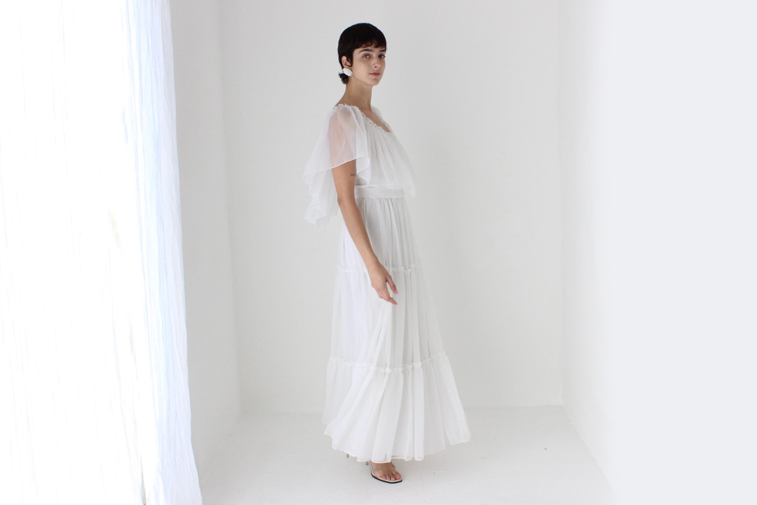 Romantic 70s Organza Tiered Ruffle Flutter Dress