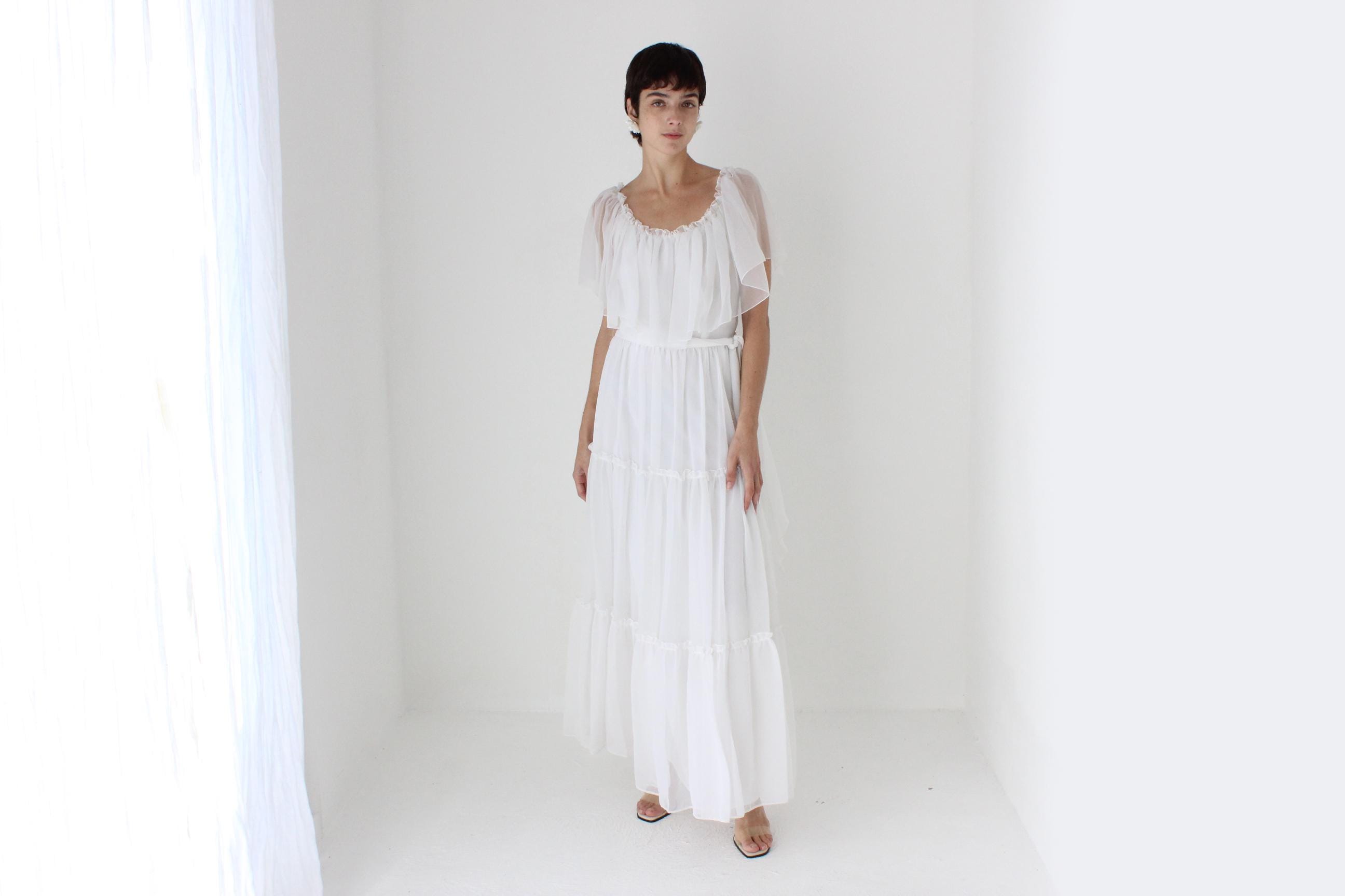 Romantic 70s Organza Tiered Ruffle Flutter Dress