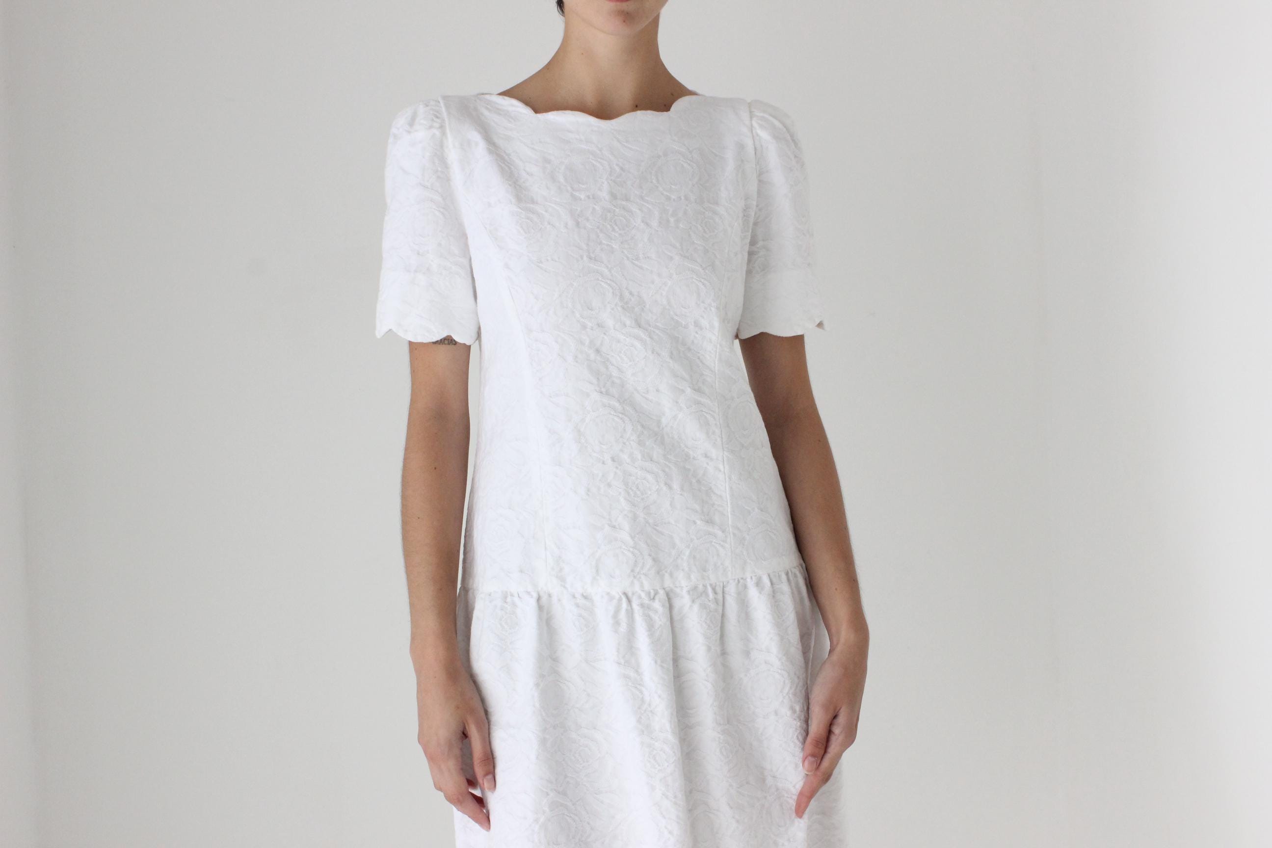 80s Saks Fifth Avenue Textured Cotton Drop Waist Dress