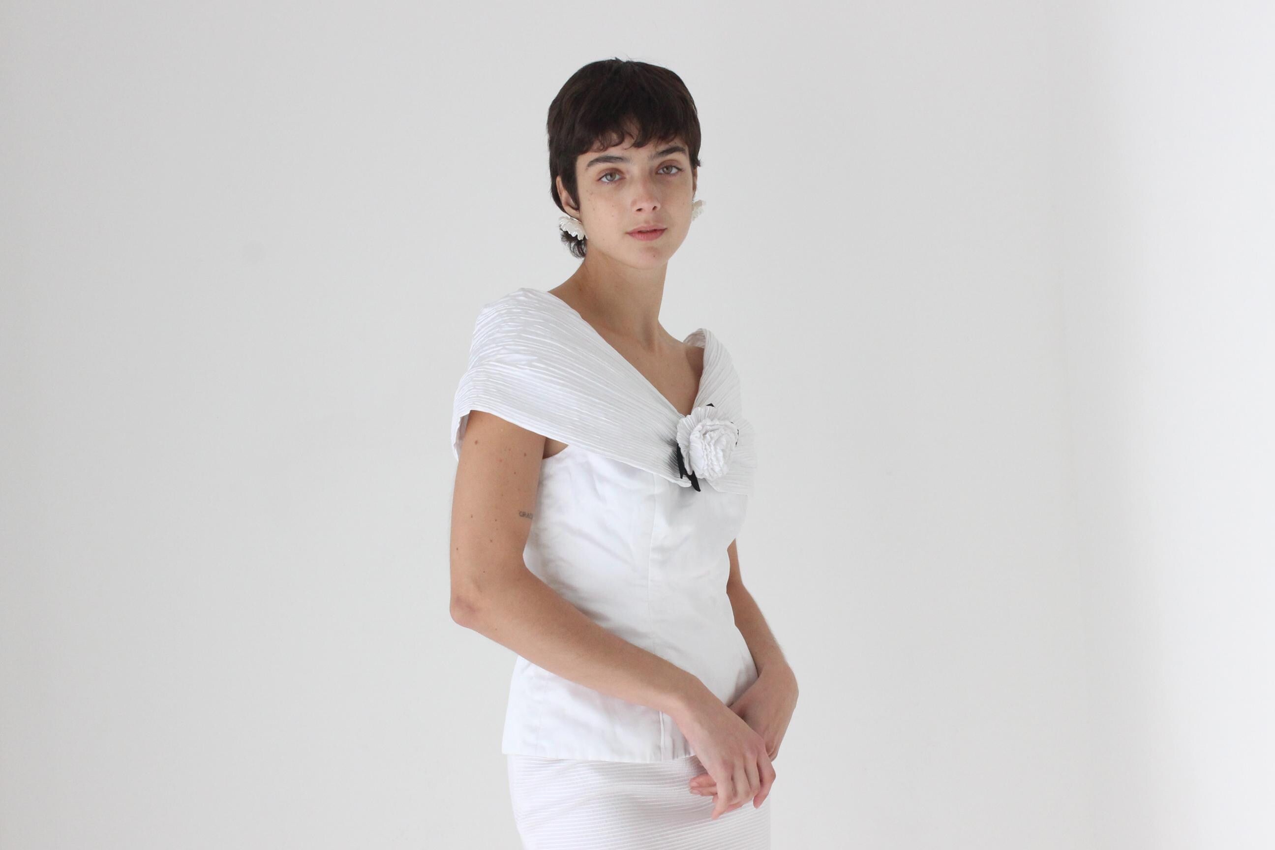 80s Teena Varigos Plisse Off Shoulder Bridal Rosette Top