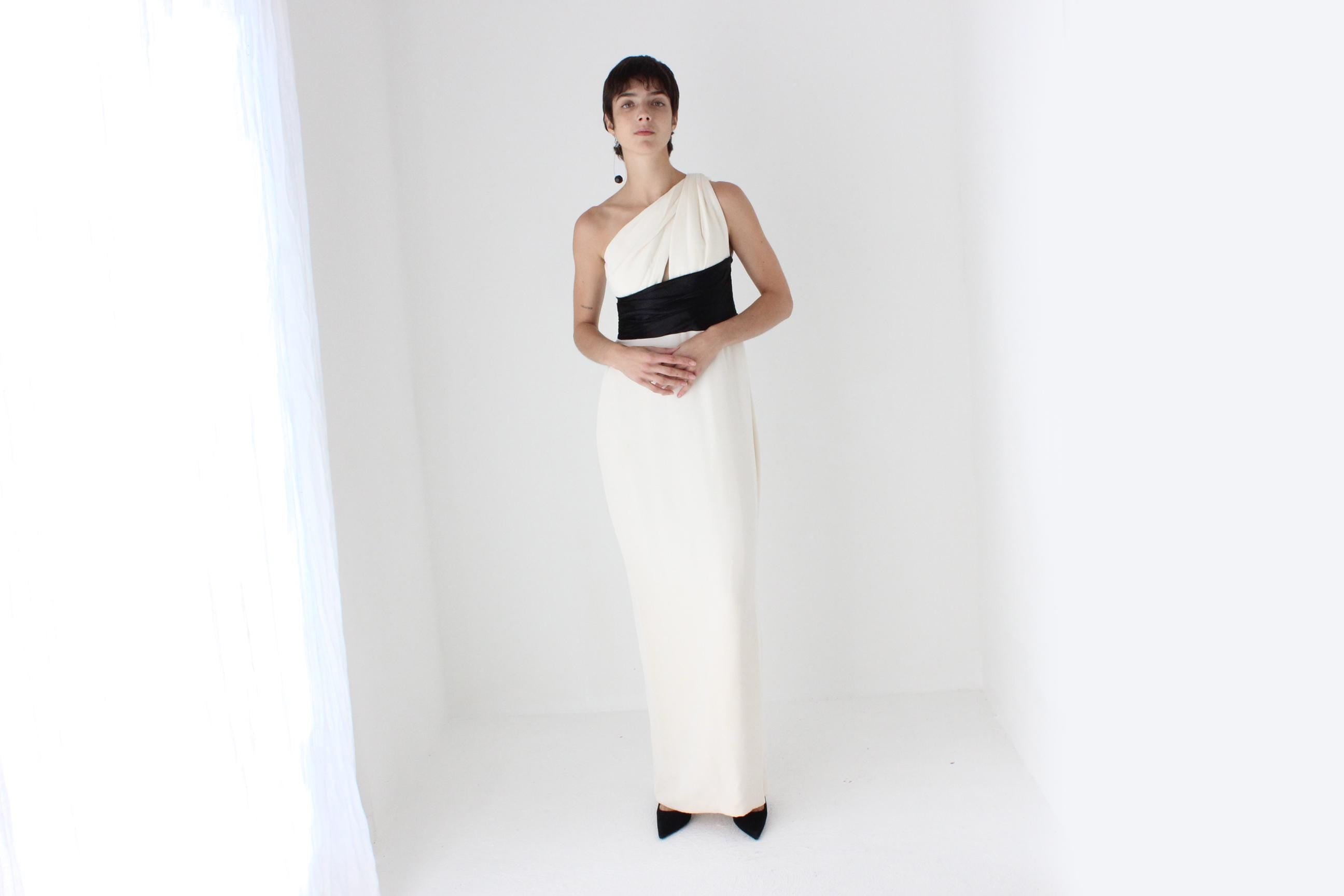 2000s Marchesa Notte Sublime Silk 'Twisted' One Shoulder Monochrome Gown