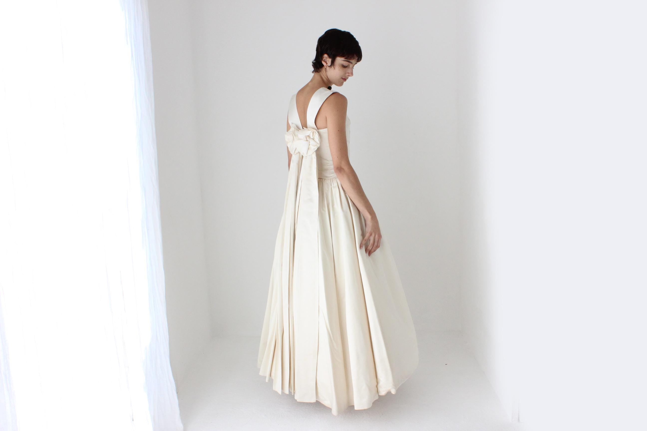 90s Archival Amsale Satin High Neck, Drop Waist Wedding Gown w/ Rosettes