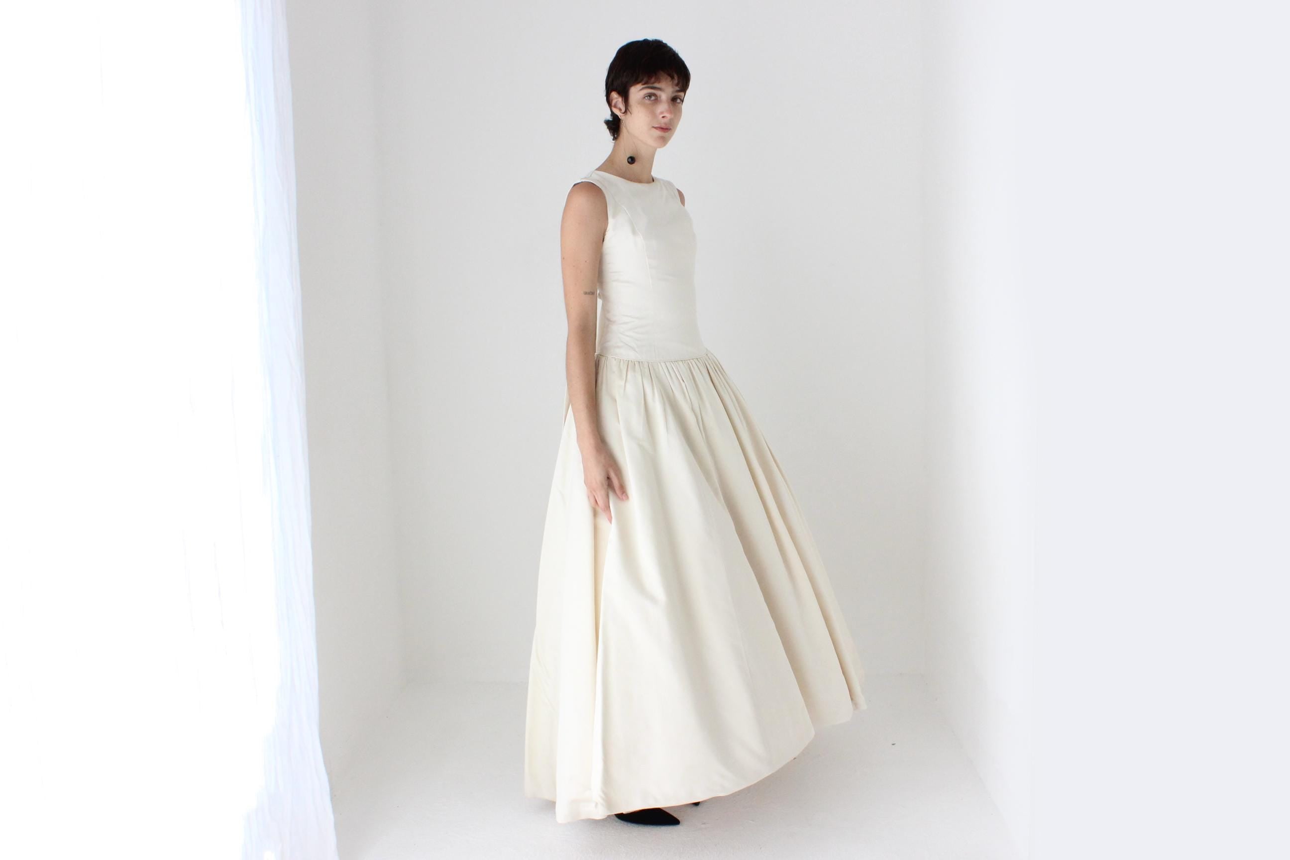 90s Archival Amsale Satin High Neck, Drop Waist Wedding Gown w/ Rosettes