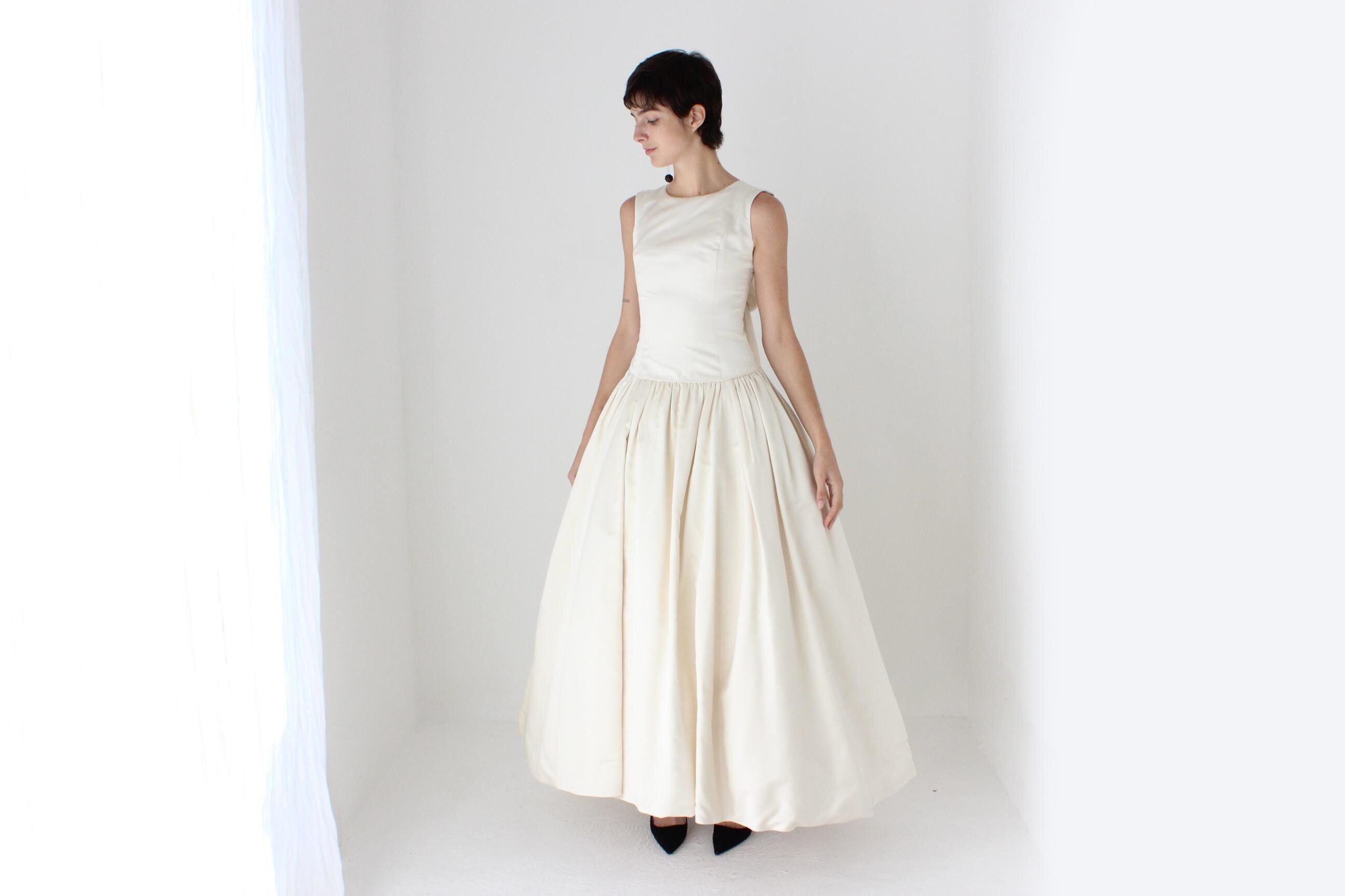 90s Archival Amsale Satin High Neck, Drop Waist Wedding Gown w/ Rosettes
