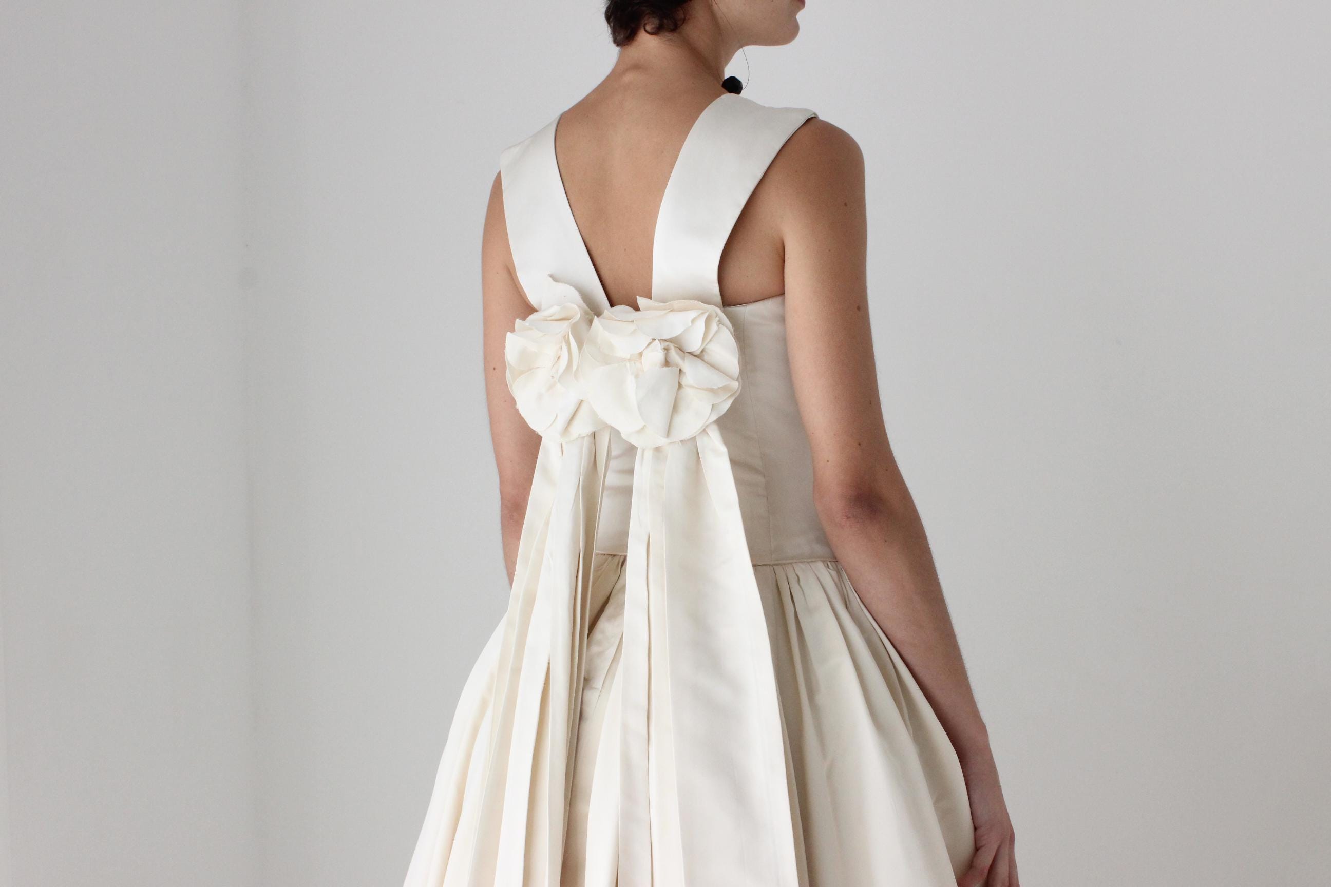 90s Archival Amsale Satin High Neck, Drop Waist Wedding Gown w/ Rosettes