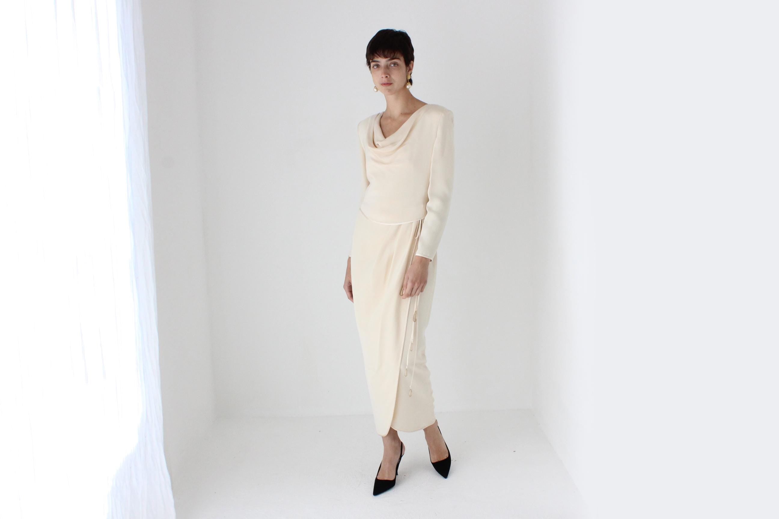 80s Sharp Shoulder Draped Hourglass Dress w/ Trailing Gemstones by Tom & Linda Platt