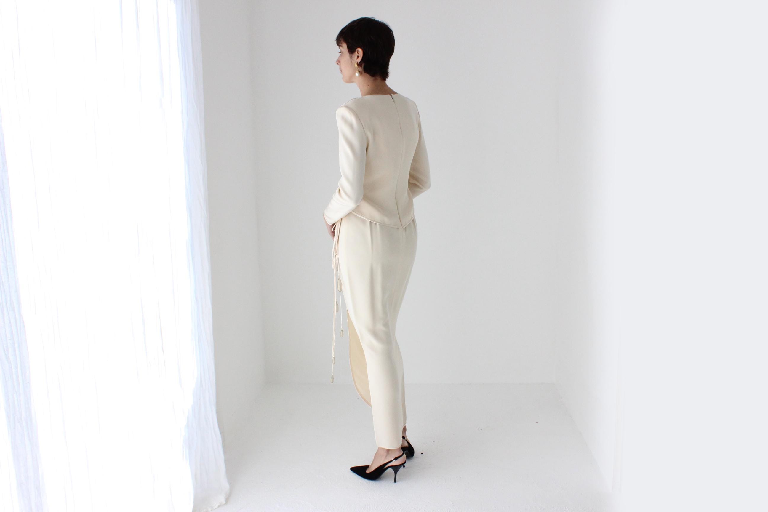 80s Sharp Shoulder Draped Hourglass Dress w/ Trailing Gemstones by Tom & Linda Platt