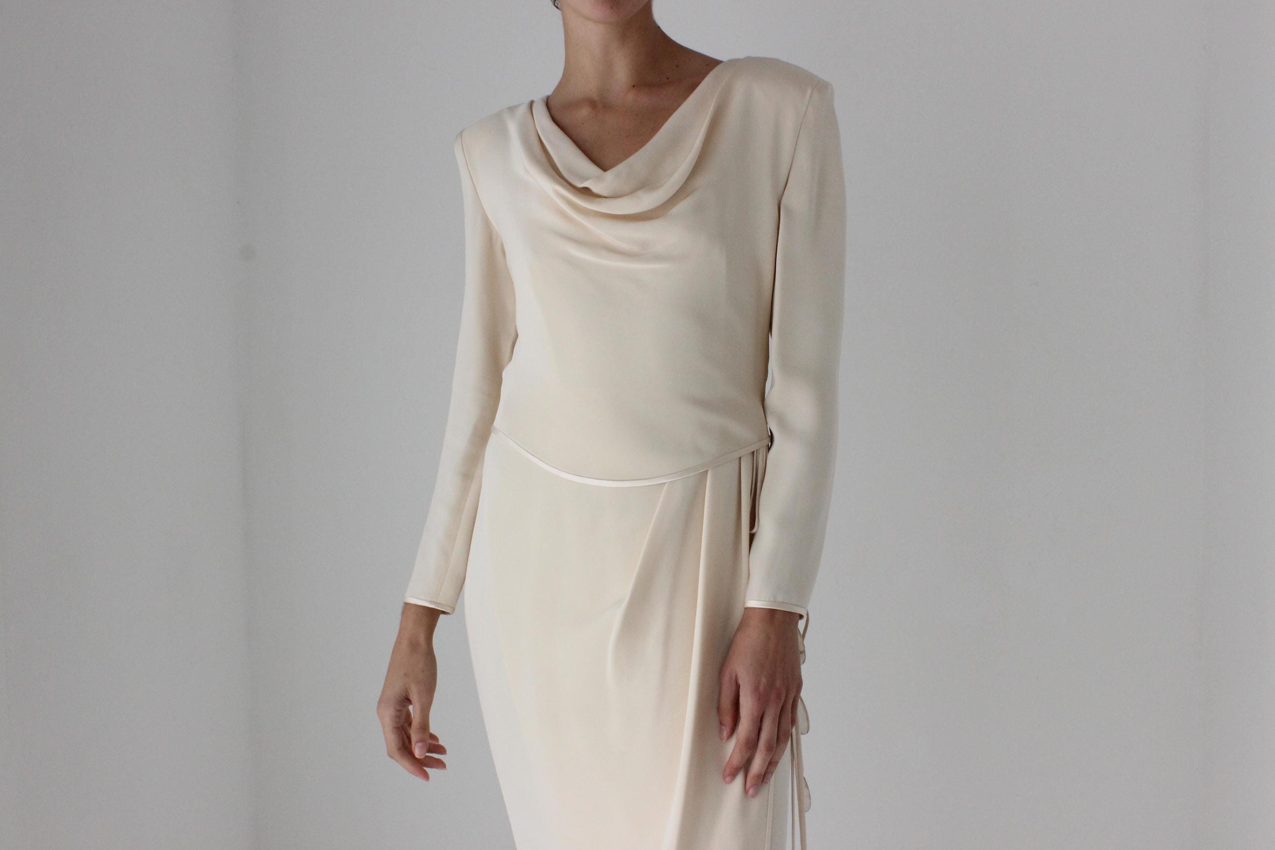 80s Sharp Shoulder Draped Hourglass Dress w/ Trailing Gemstones by Tom & Linda Platt