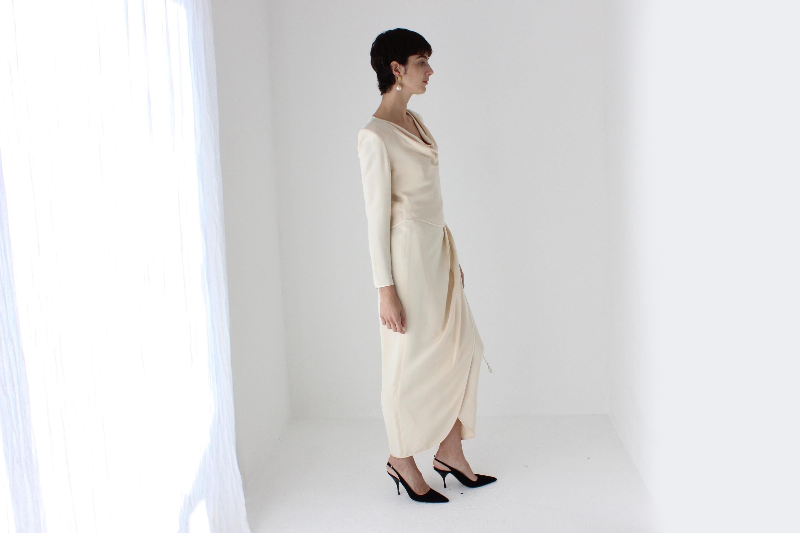 80s Sharp Shoulder Draped Hourglass Dress w/ Trailing Gemstones by Tom & Linda Platt