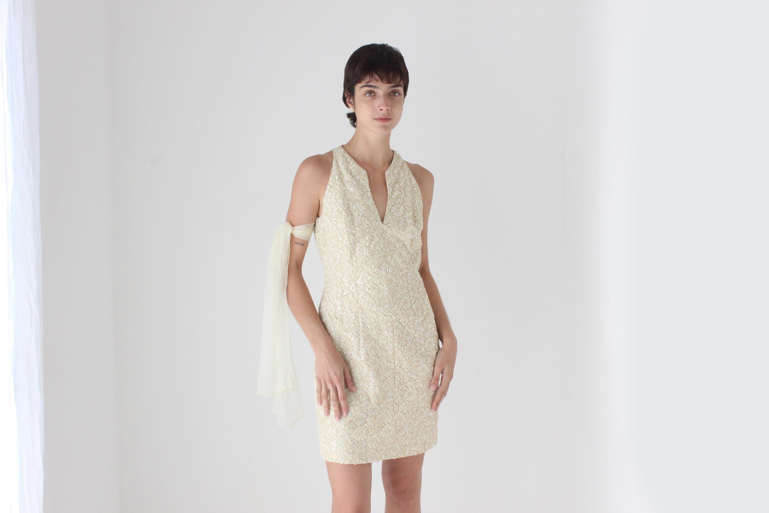 2000s Carmen Marc Valvo Pastel Yellow Beaded Lace Mini