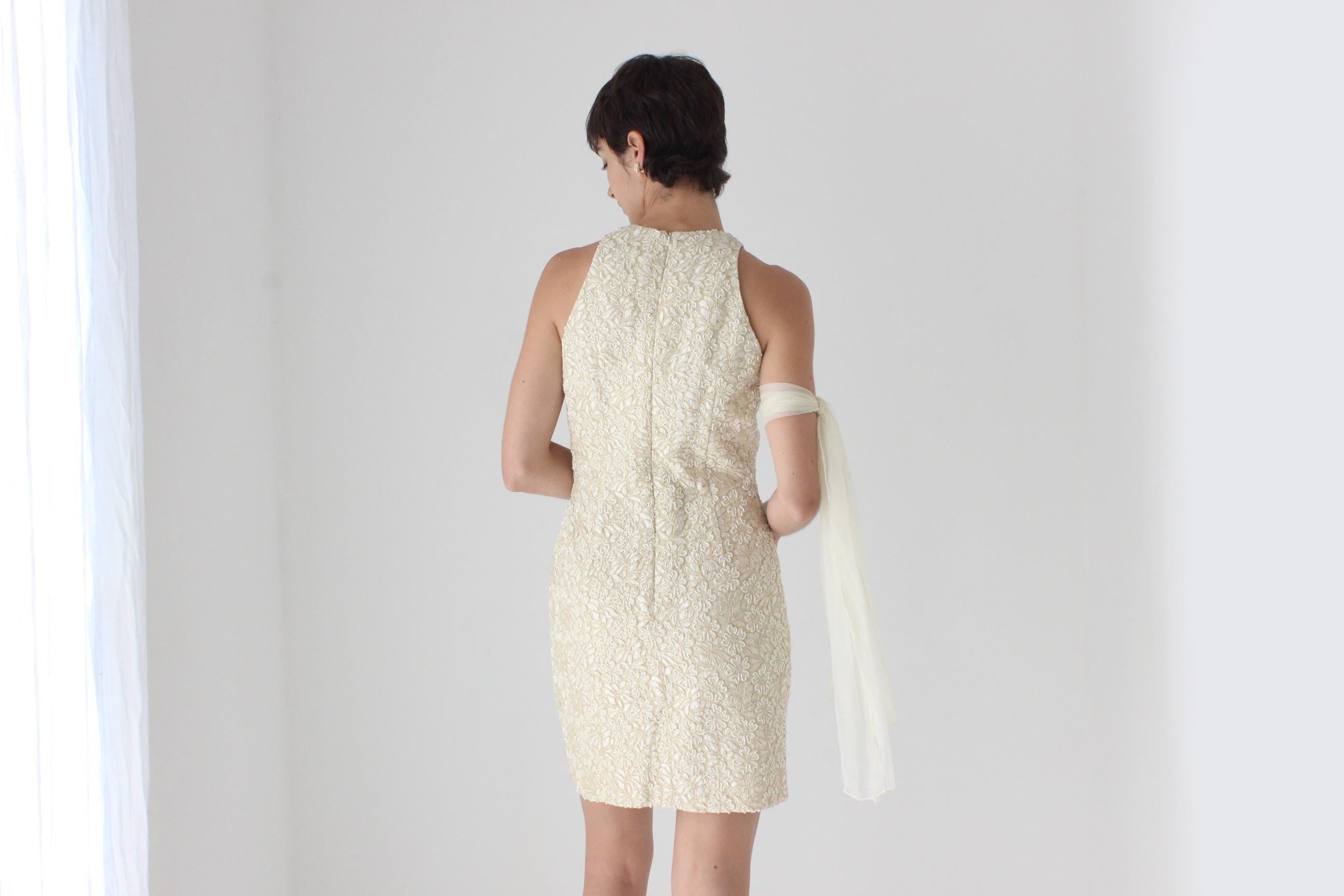 2000s Carmen Marc Valvo Pastel Yellow Beaded Lace Mini