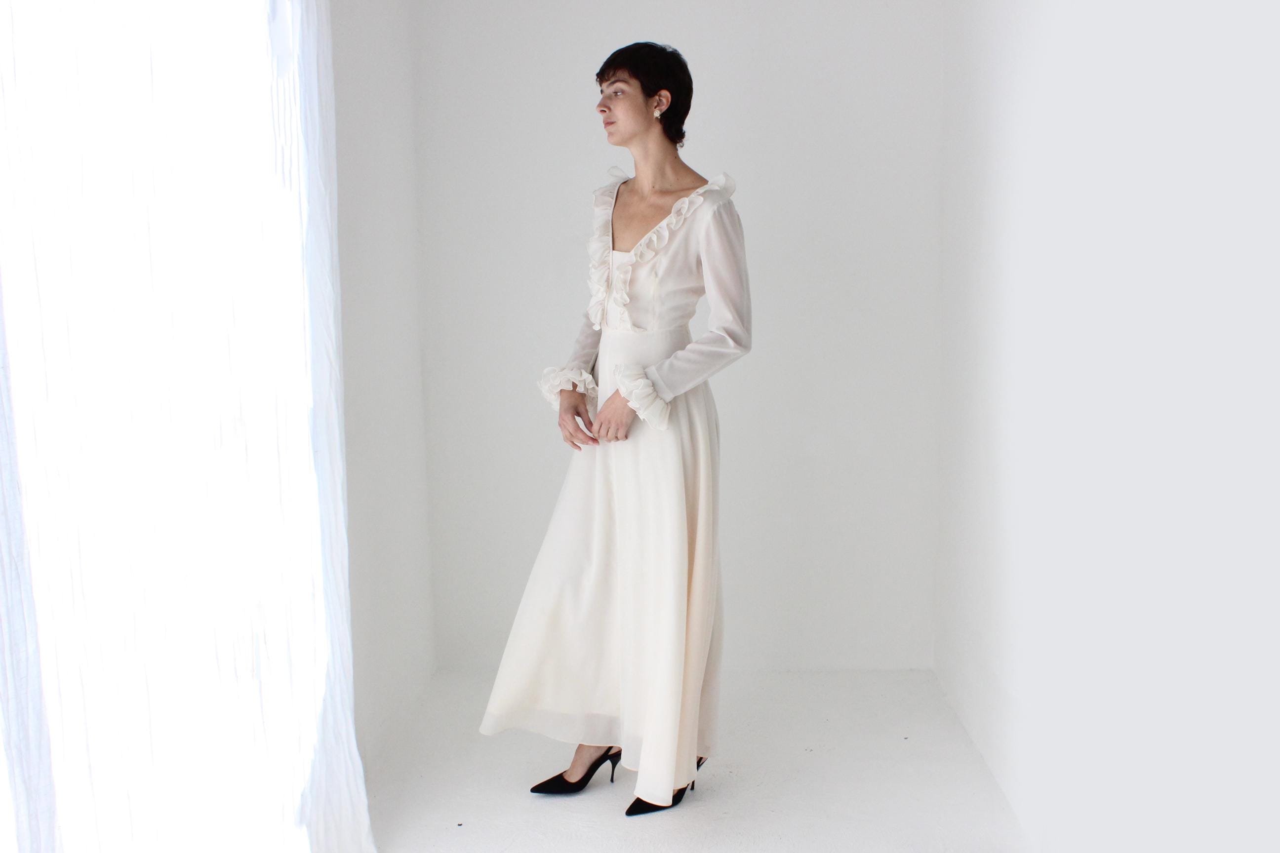 Romantic 1970s Ruffle Sleeve Maxi Dress