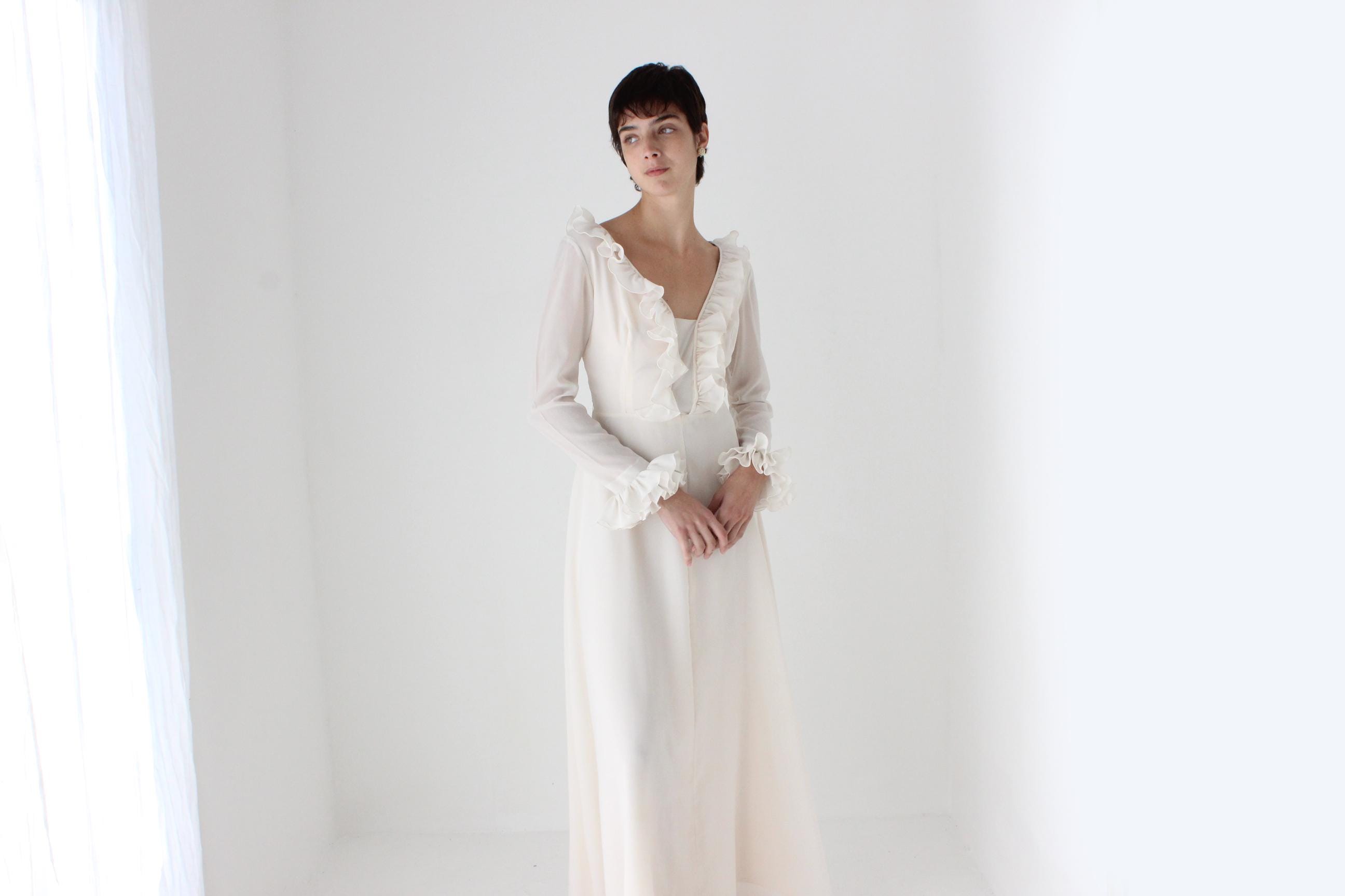 Romantic 1970s Ruffle Sleeve Maxi Dress
