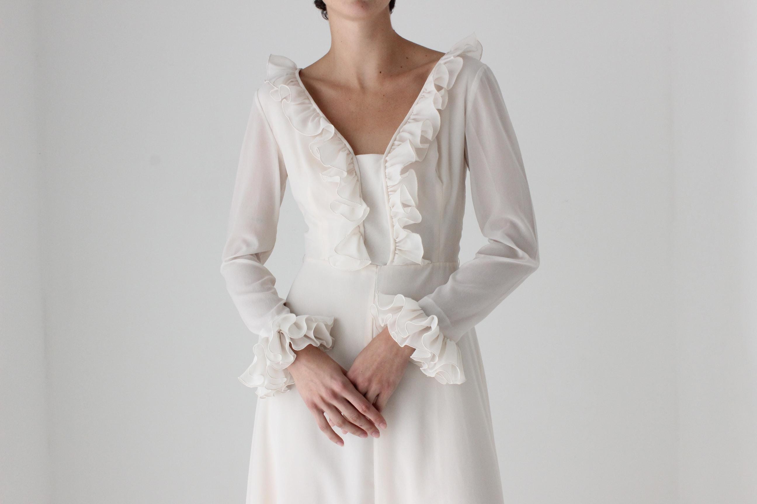 Romantic 1970s Ruffle Sleeve Maxi Dress