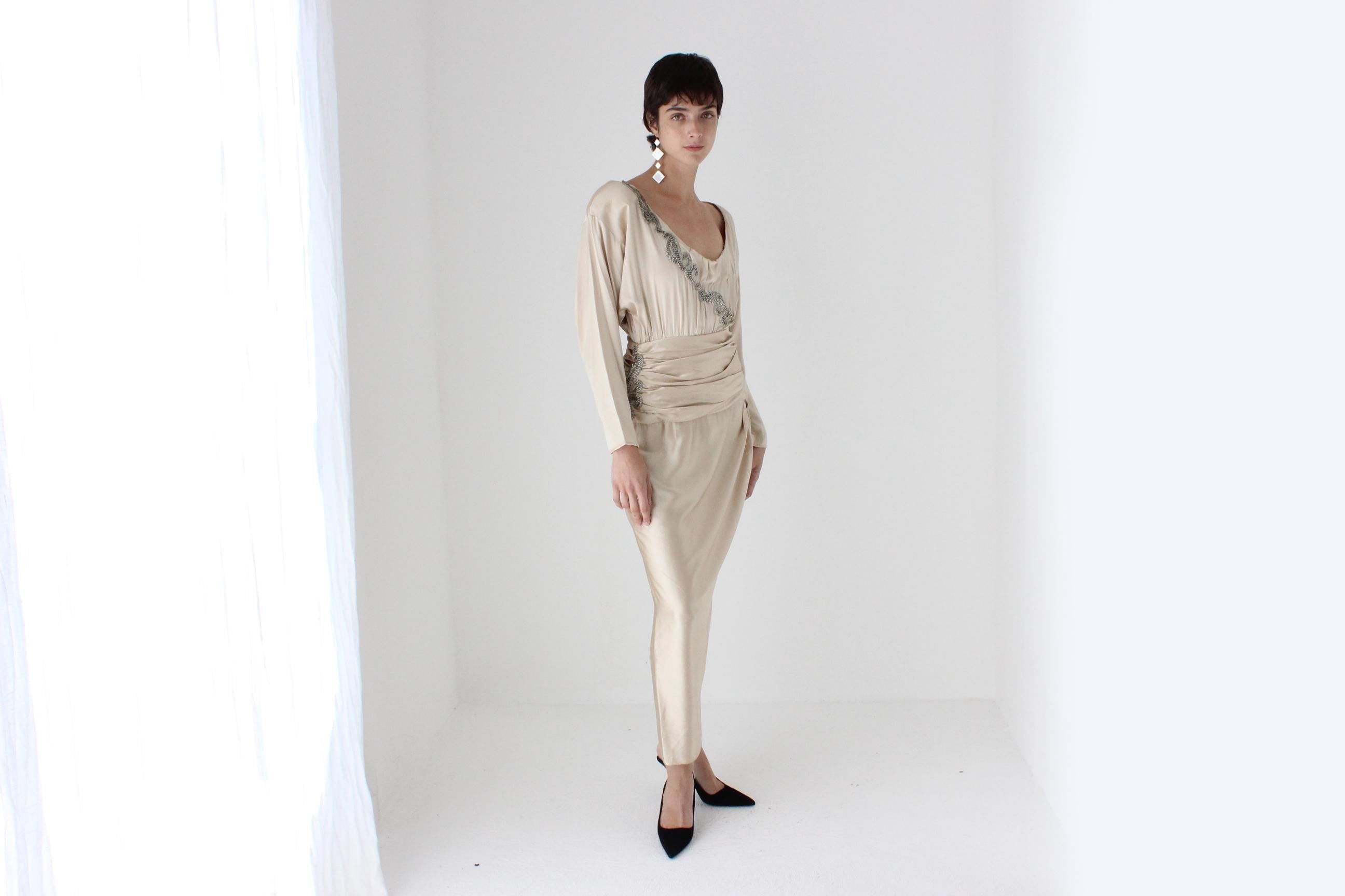 80s Liancarlo x Lillie Rubin Beaded Pure Silk Draped Cocktail Dress