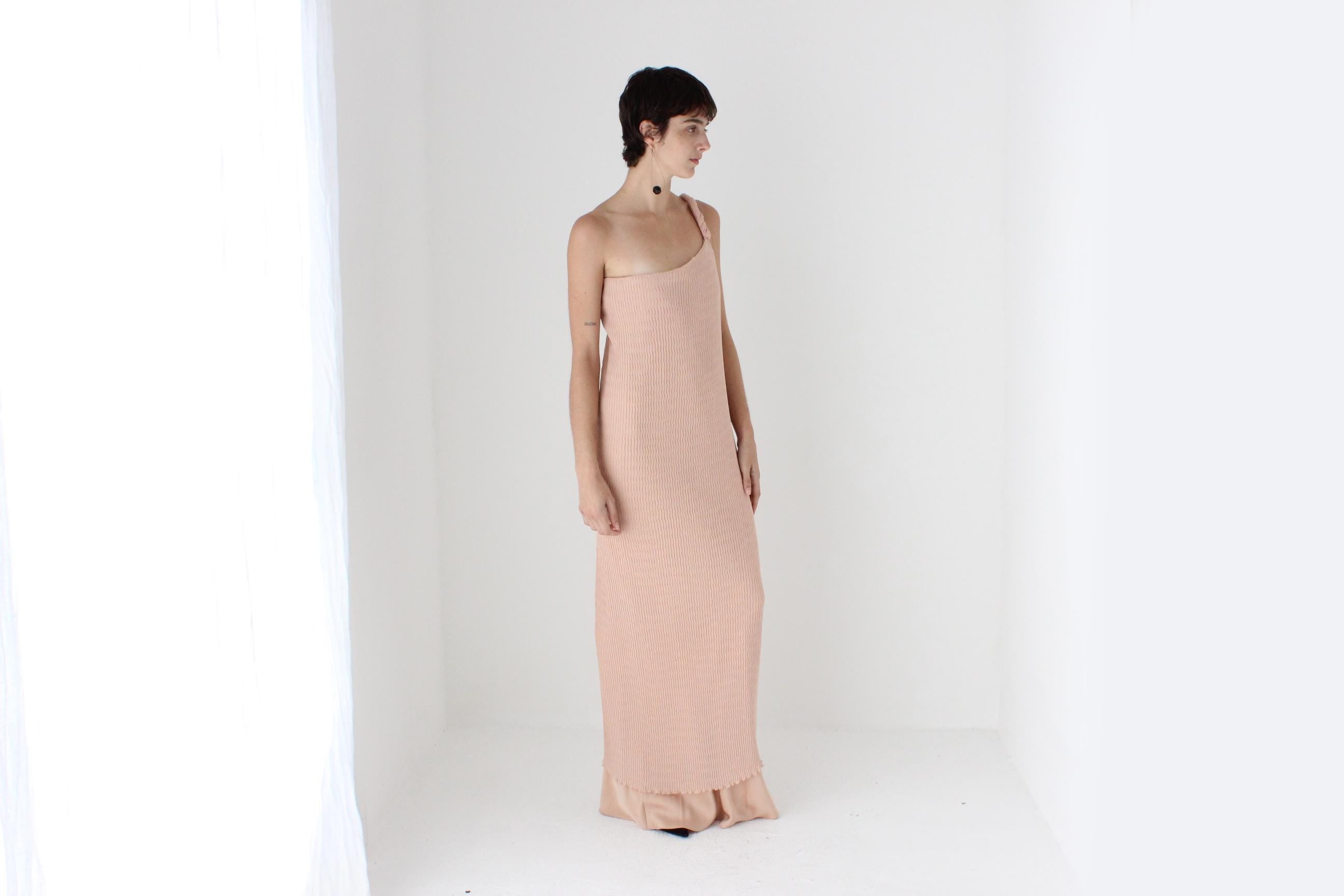 2000s Max Mara Pianoforte Plisse Crinkle One Shoulder Gown