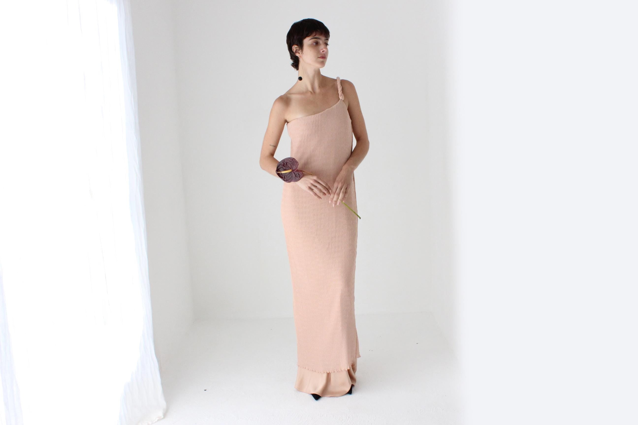 2000s Max Mara Pianoforte Plisse Crinkle One Shoulder Gown