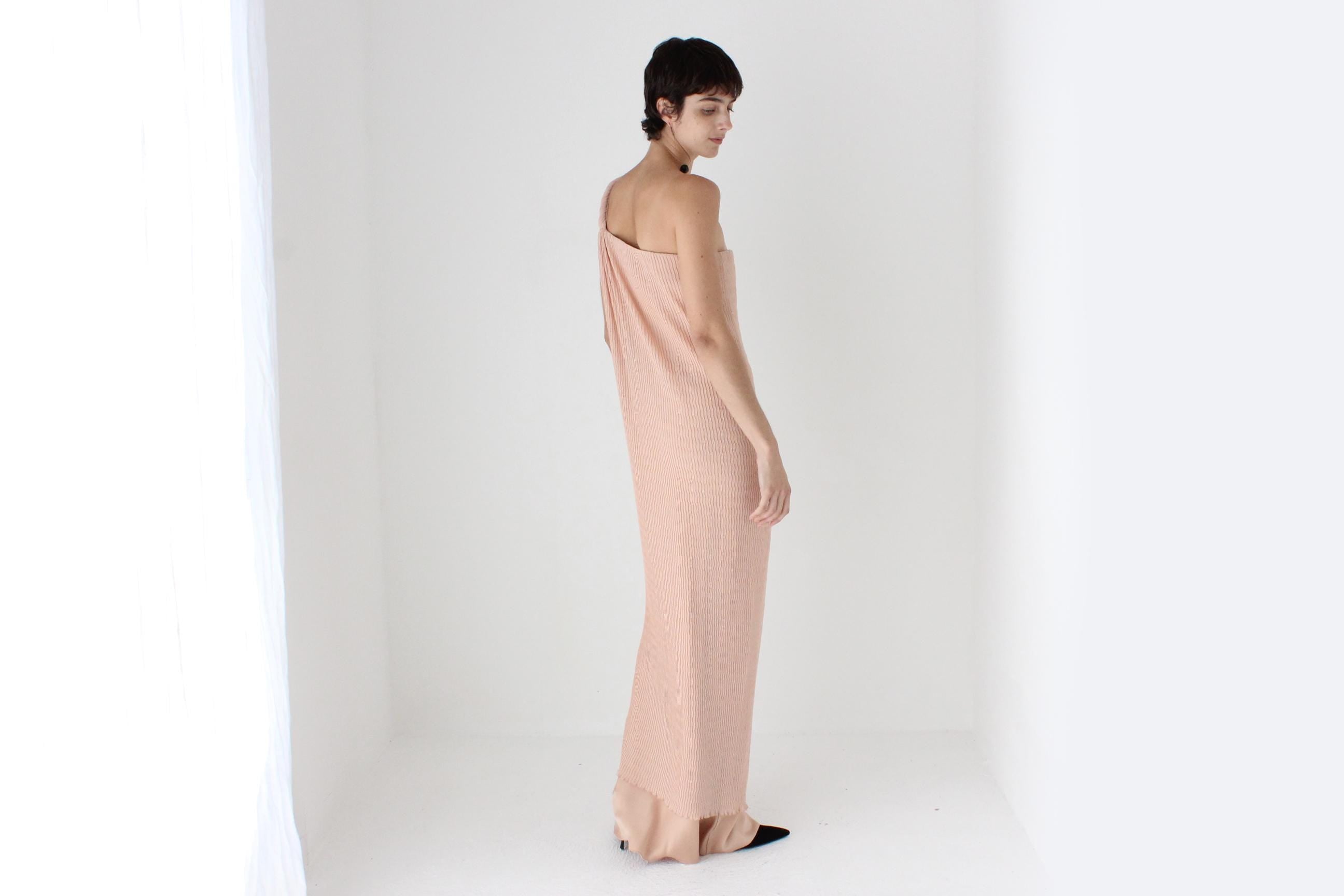 2000s Max Mara Pianoforte Plisse Crinkle One Shoulder Gown