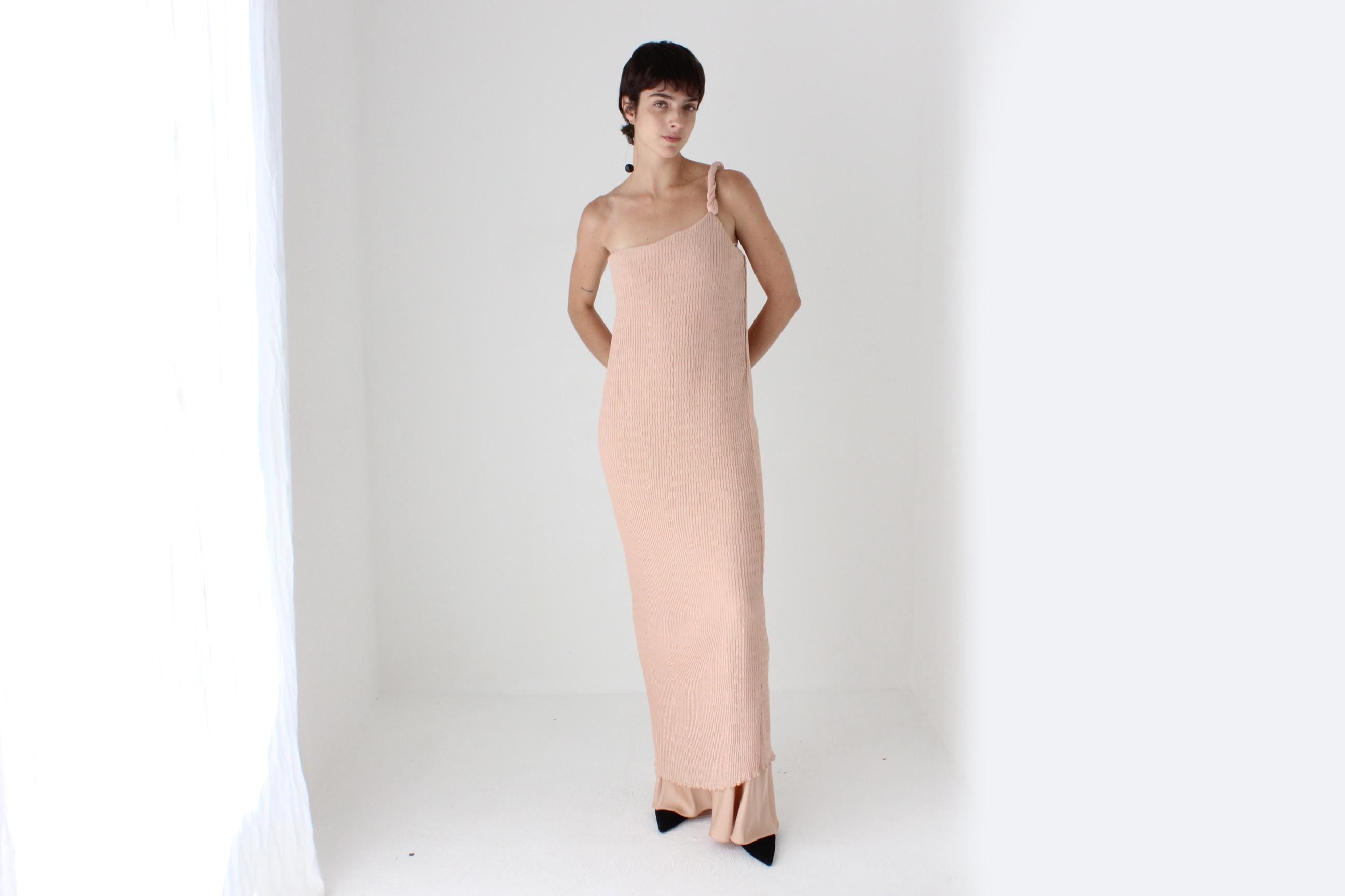 2000s Max Mara Pianoforte Plisse Crinkle One Shoulder Gown