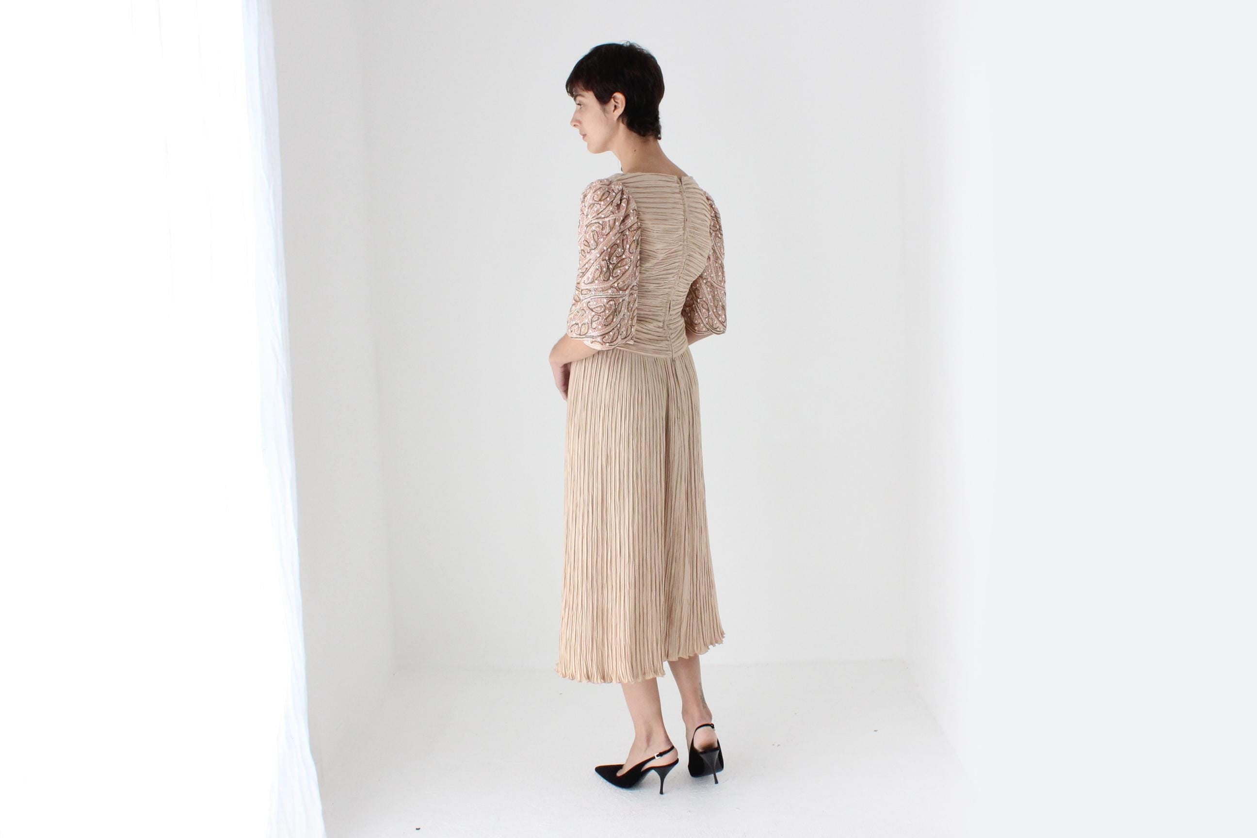 80s Richilene Fortuny Pleated Dusty Pink Cocktail Dress w/ Beaded Puff Sleeve