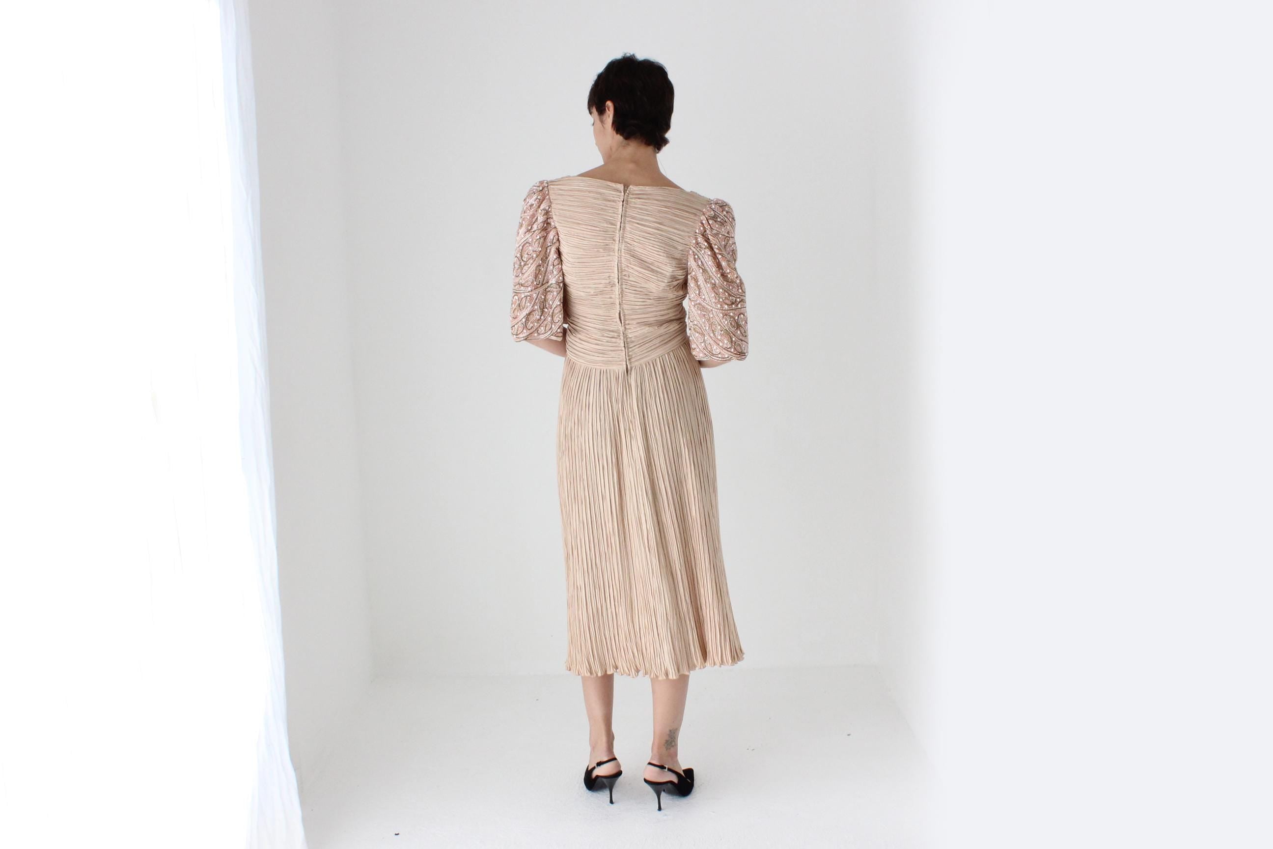 80s Richilene Fortuny Pleated Dusty Pink Cocktail Dress w/ Beaded Puff Sleeve