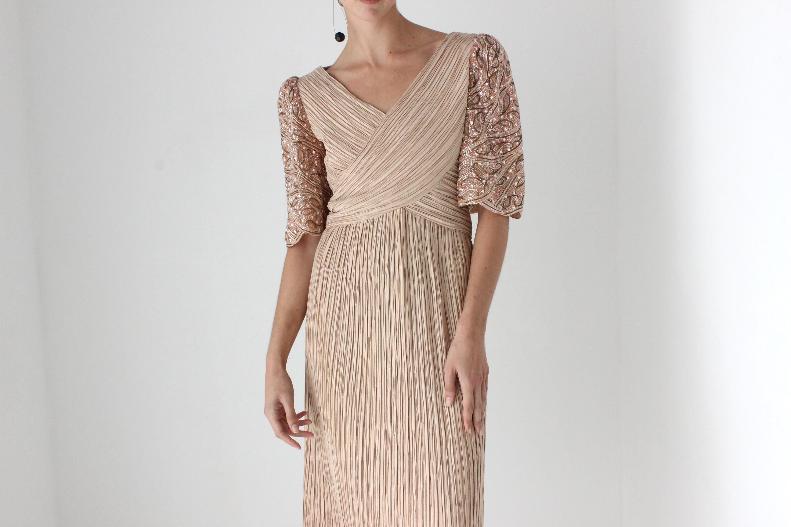 80s Richilene Fortuny Pleated Dusty Pink Cocktail Dress w/ Beaded Puff Sleeve