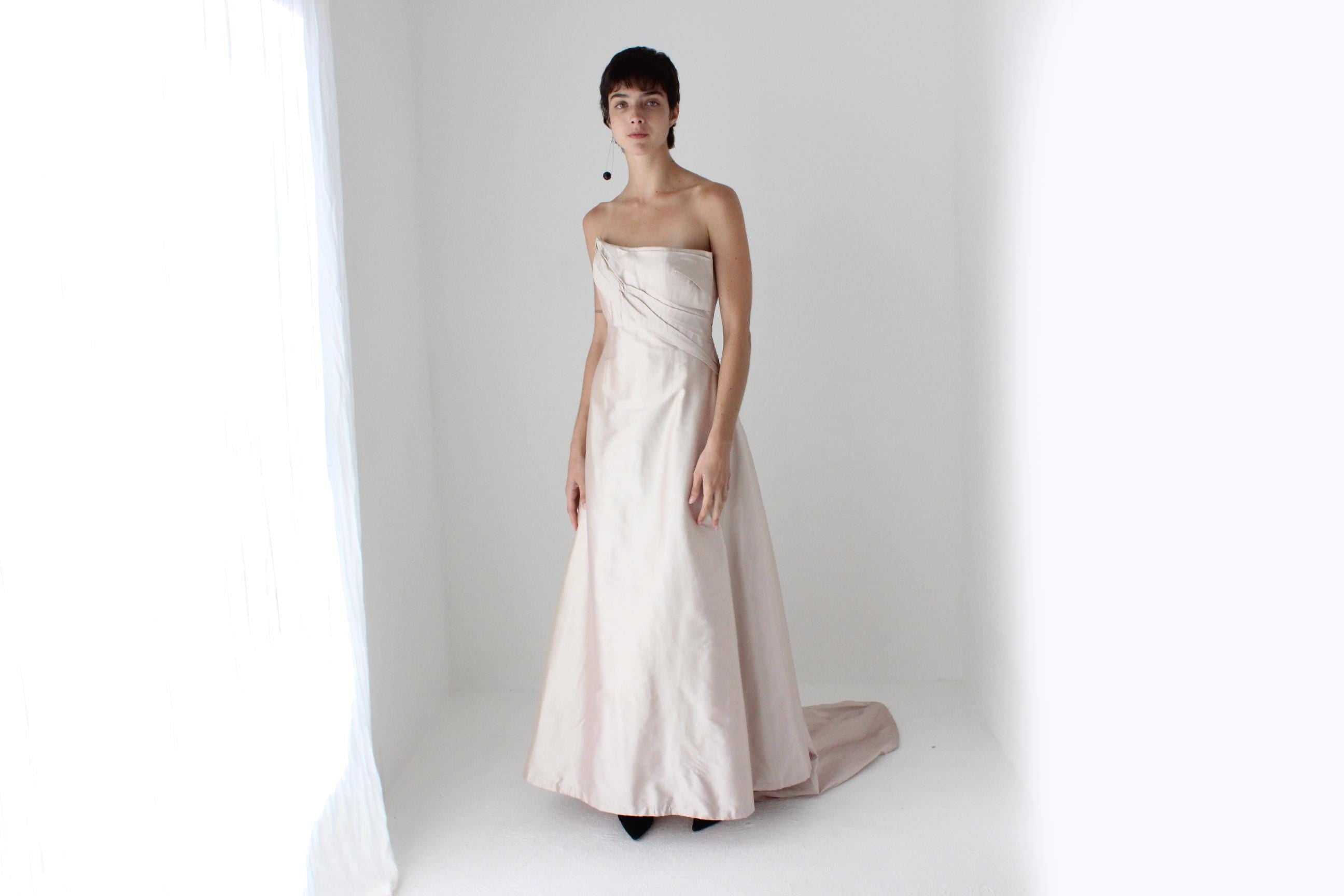 90s Mauve Silk Sculptural Bodice Strapless Gown