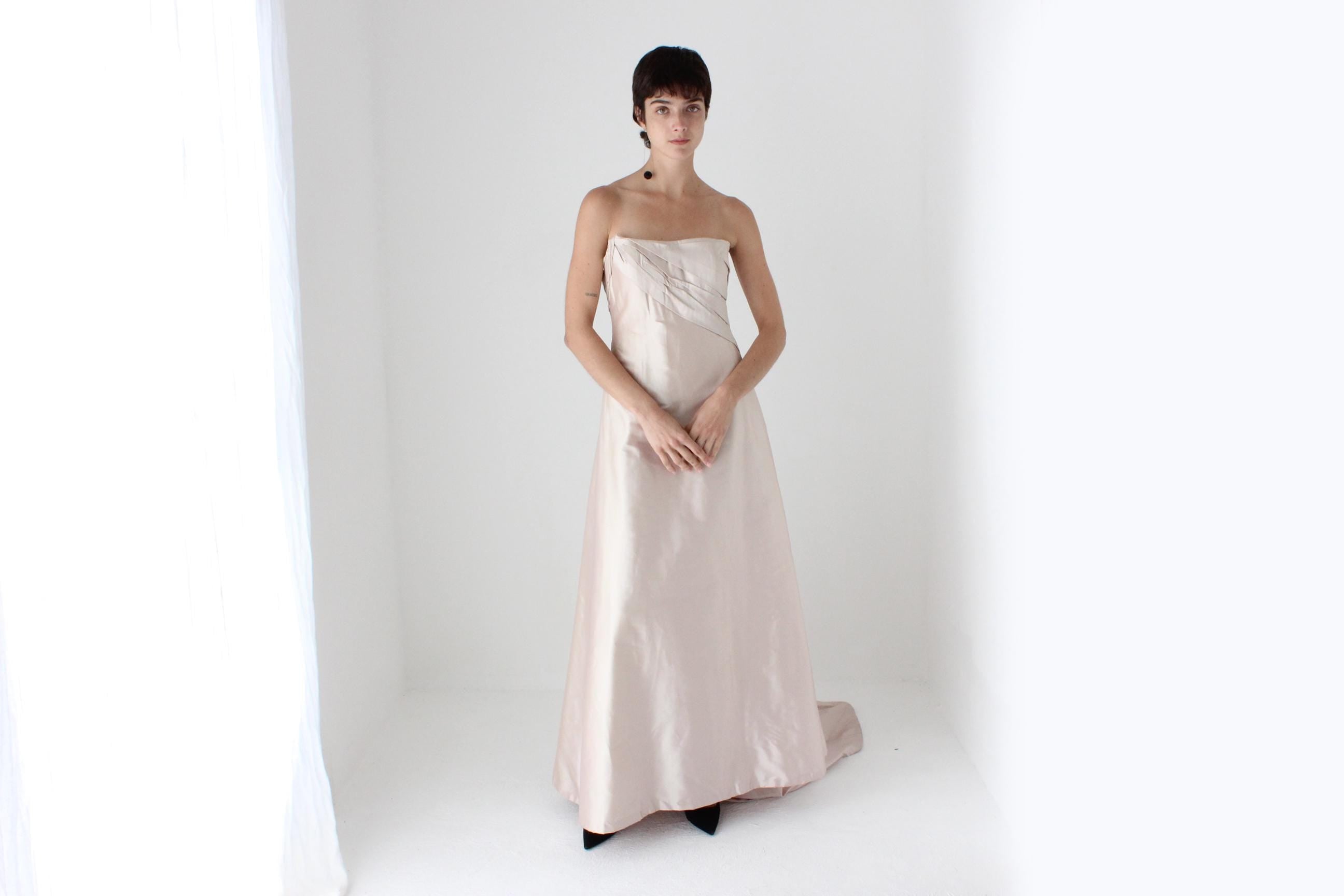 90s Mauve Silk Sculptural Bodice Strapless Gown