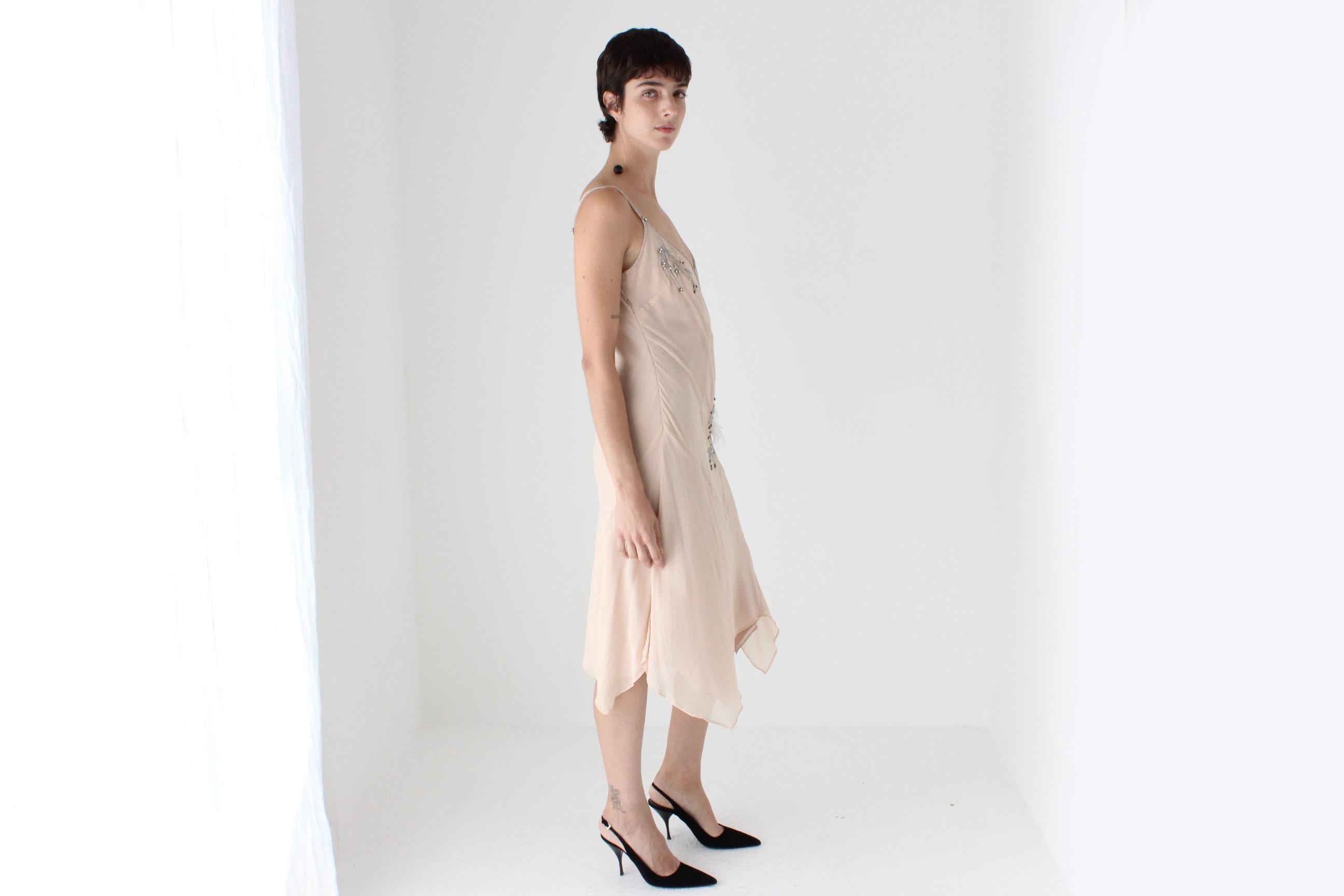 Y2K Pastel Pink Pure Silk Asymmetric Plunge Neck Slip Dress w/ Beading & Feathers