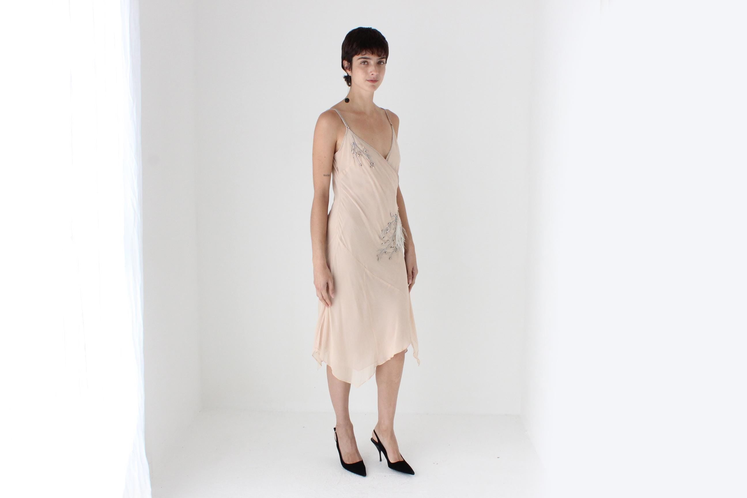 Y2K Pastel Pink Pure Silk Asymmetric Plunge Neck Slip Dress w/ Beading & Feathers
