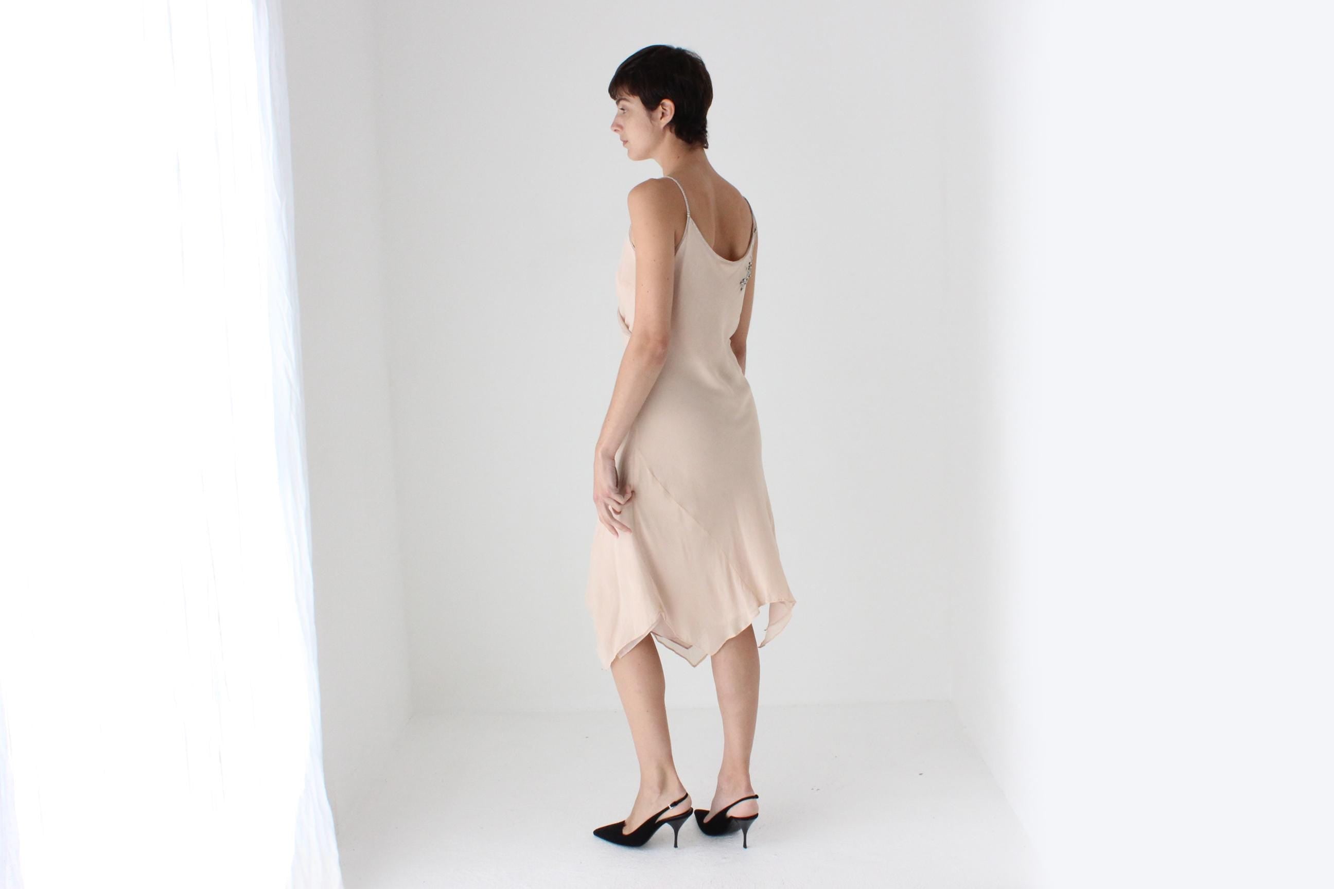 Y2K Pastel Pink Pure Silk Asymmetric Plunge Neck Slip Dress w/ Beading & Feathers