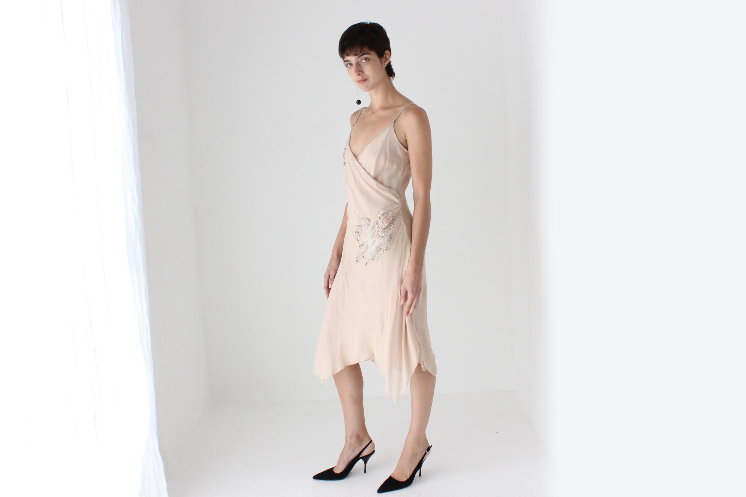 Y2K Pastel Pink Pure Silk Asymmetric Plunge Neck Slip Dress w/ Beading & Feathers