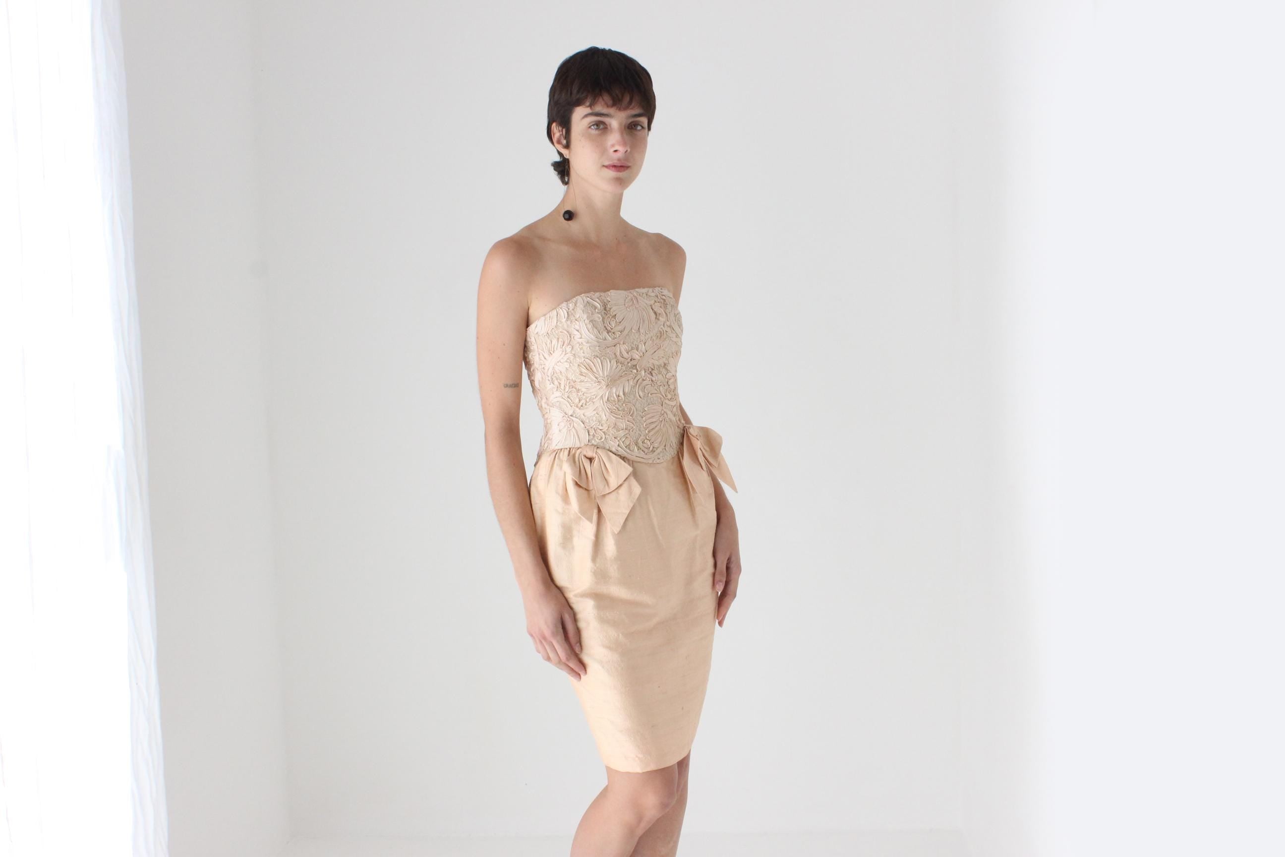 Glorious 80s Raw Silk Strapless Bustier Mini Dress by Tom & Linda Platt