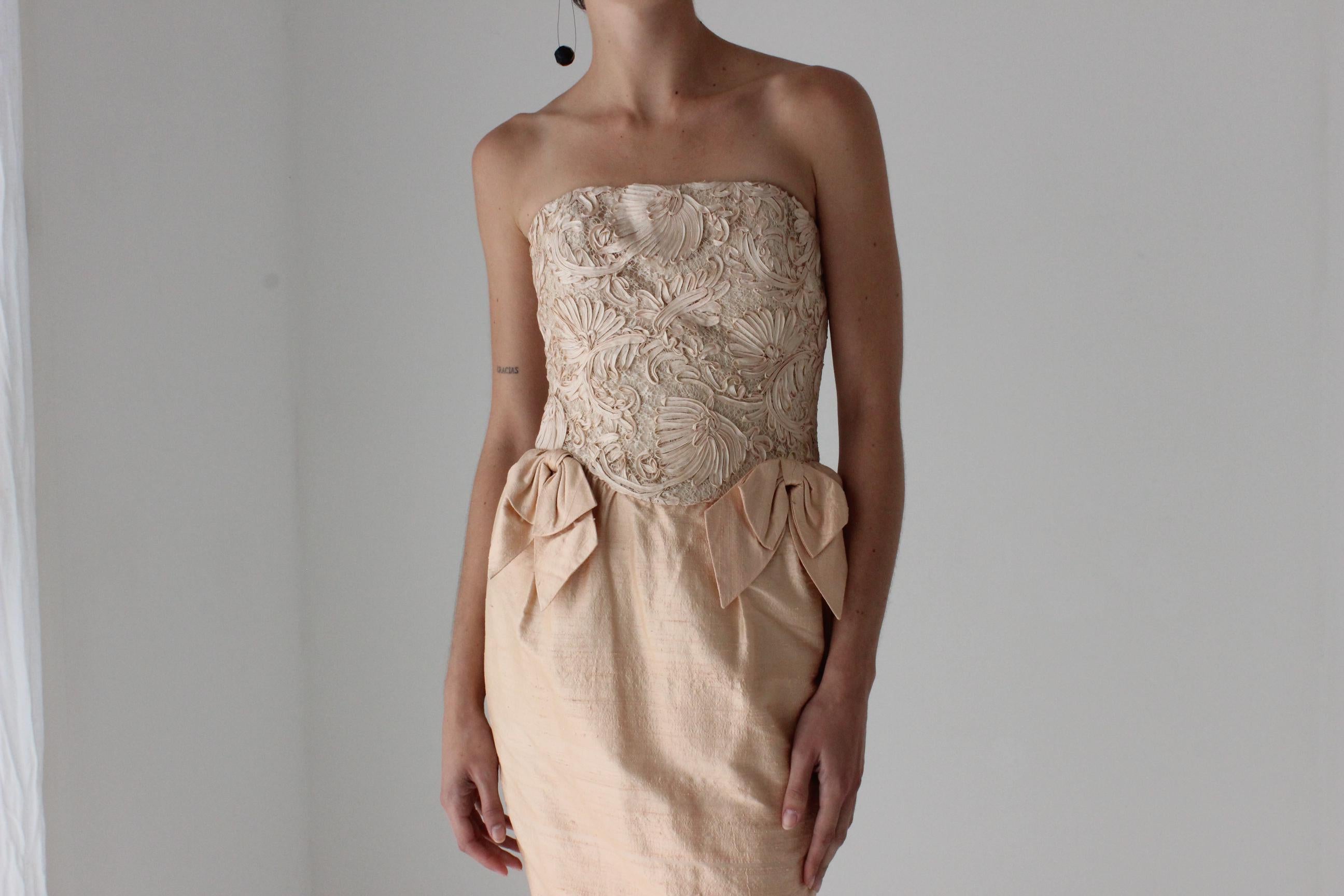 Glorious 80s Raw Silk Strapless Bustier Mini Dress by Tom & Linda Platt