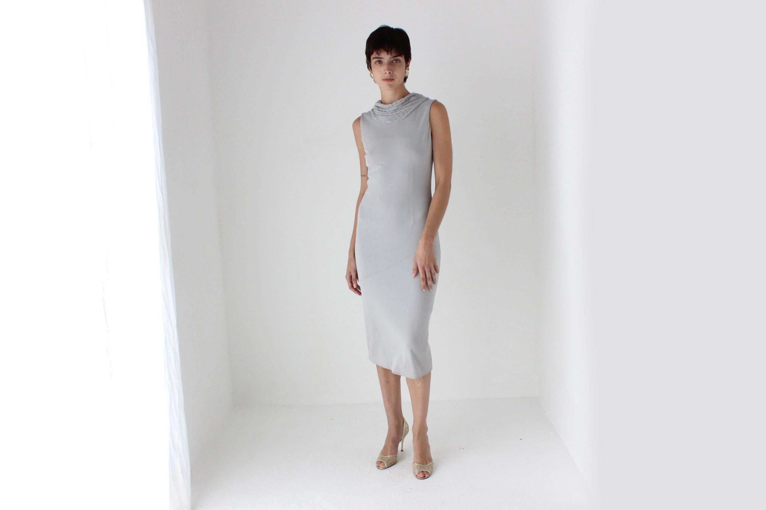 90s Italian Dove Grey Draped Backless Bateau Neck Cocktail Dress