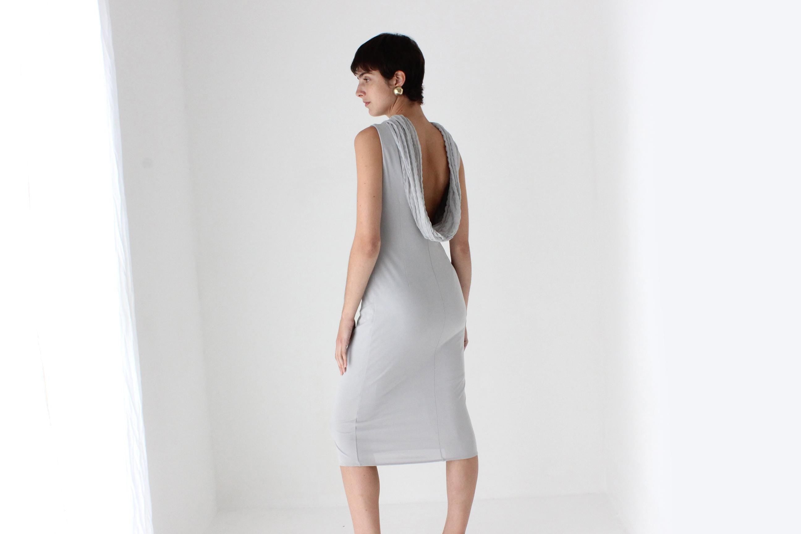 90s Italian Dove Grey Draped Backless Bateau Neck Cocktail Dress