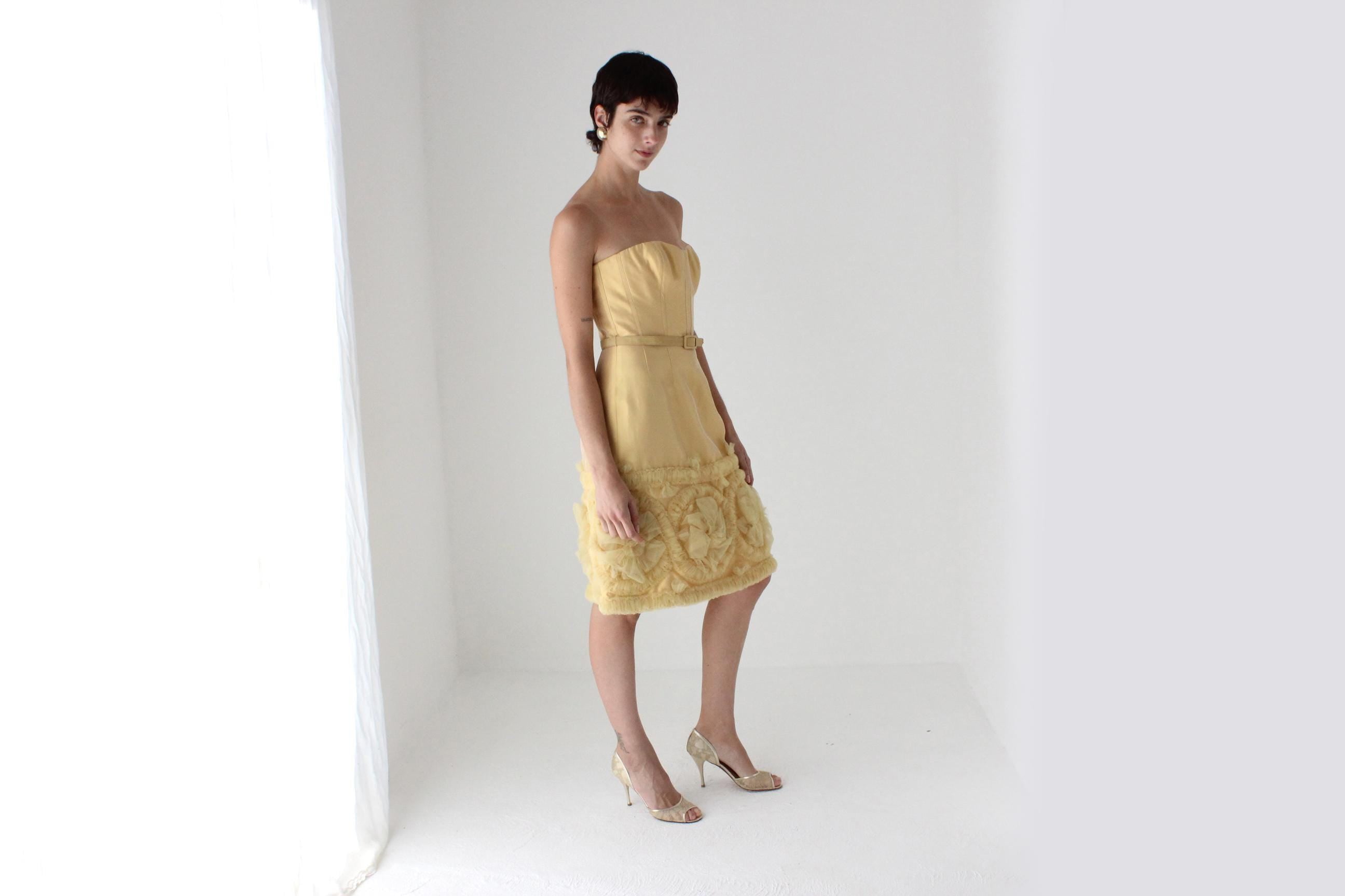 2000s Badgley Mischka Yellow Silk Strapless Bustier Dress w/ 3D Tulle Detailing
