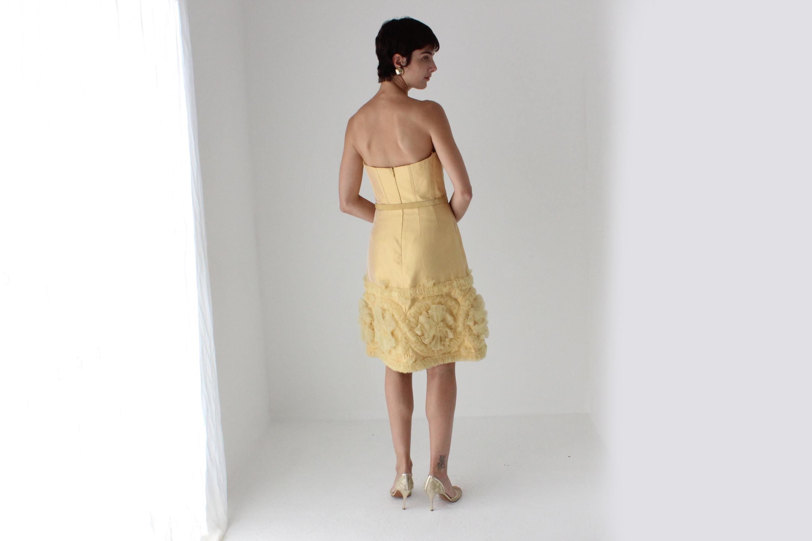 2000s Badgley Mischka Yellow Silk Strapless Bustier Dress w/ 3D Tulle Detailing