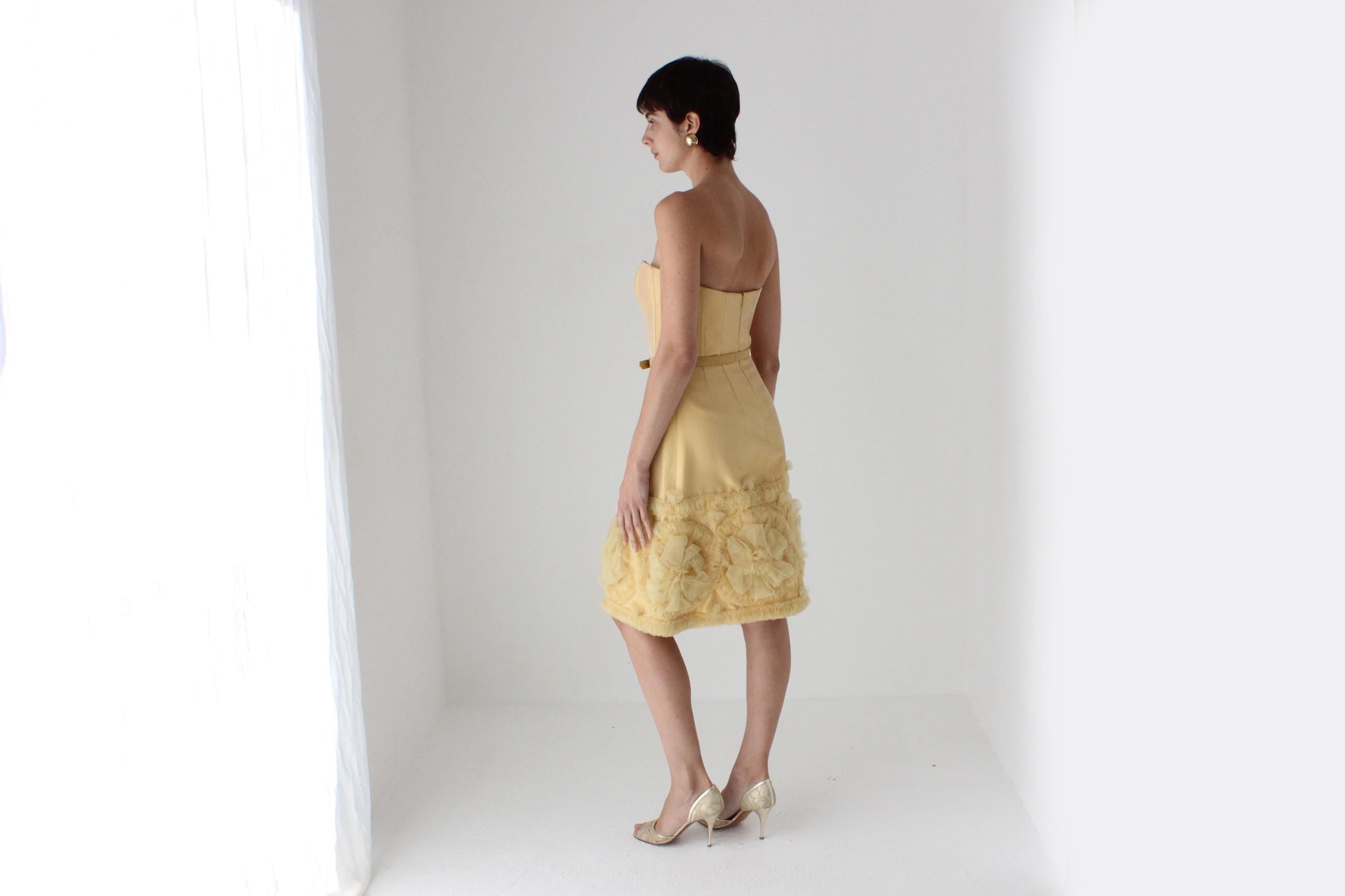 2000s Badgley Mischka Yellow Silk Strapless Bustier Dress w/ 3D Tulle Detailing