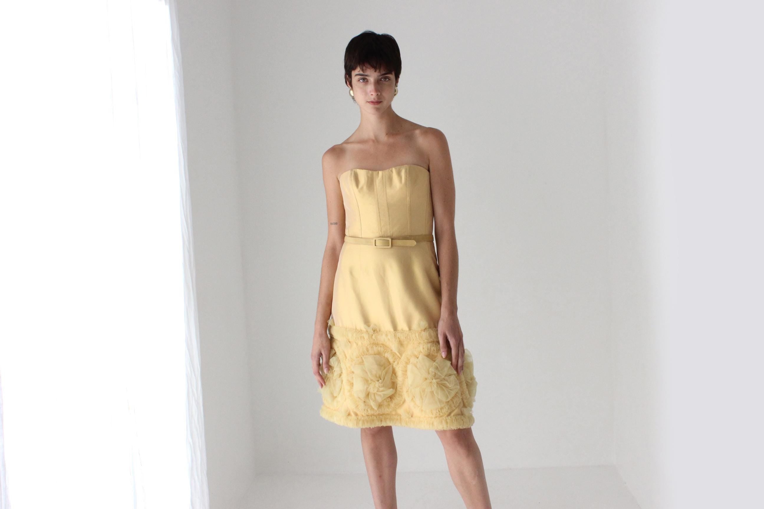 2000s Badgley Mischka Yellow Silk Strapless Bustier Dress w/ 3D Tulle Detailing
