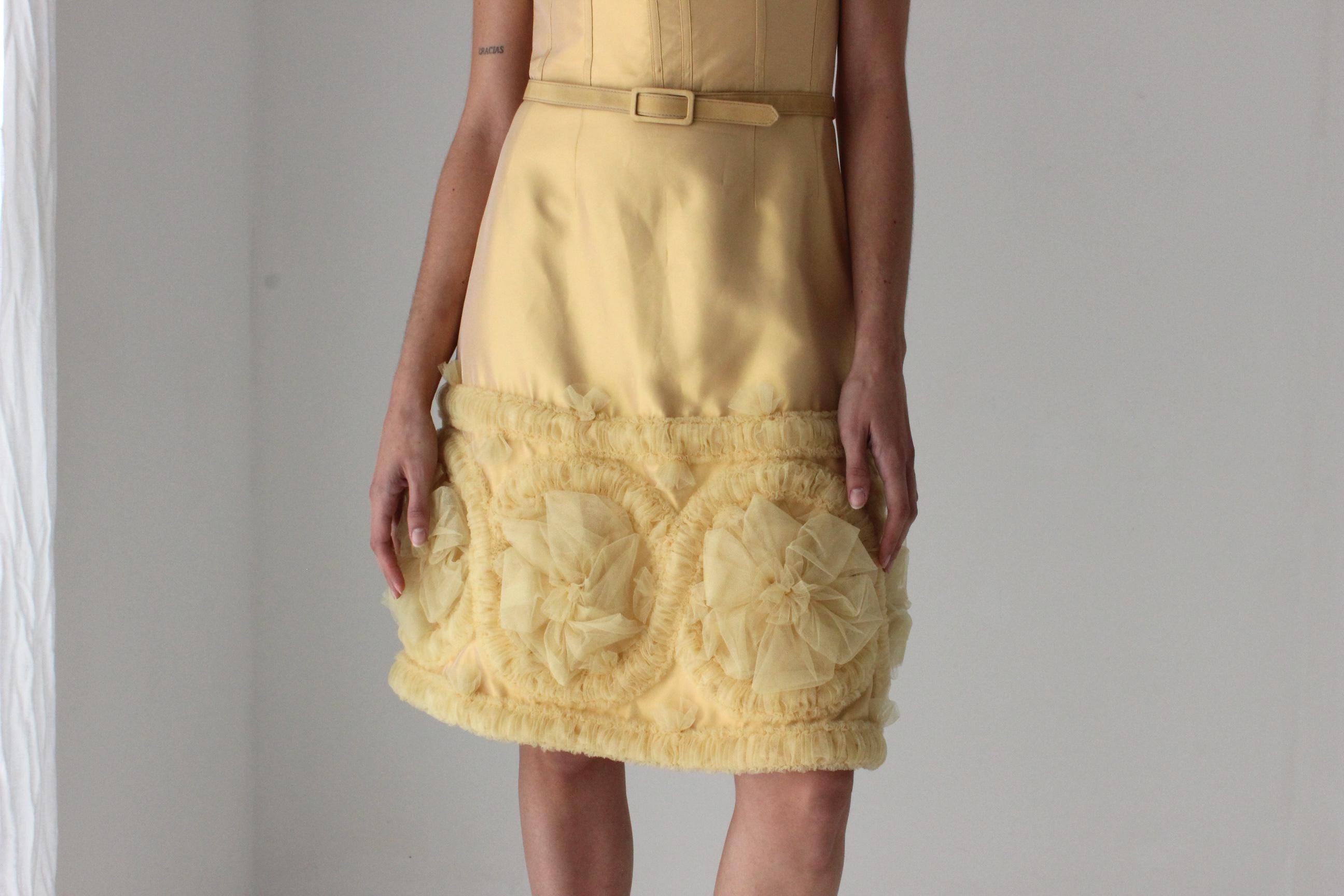 2000s Badgley Mischka Yellow Silk Strapless Bustier Dress w/ 3D Tulle Detailing