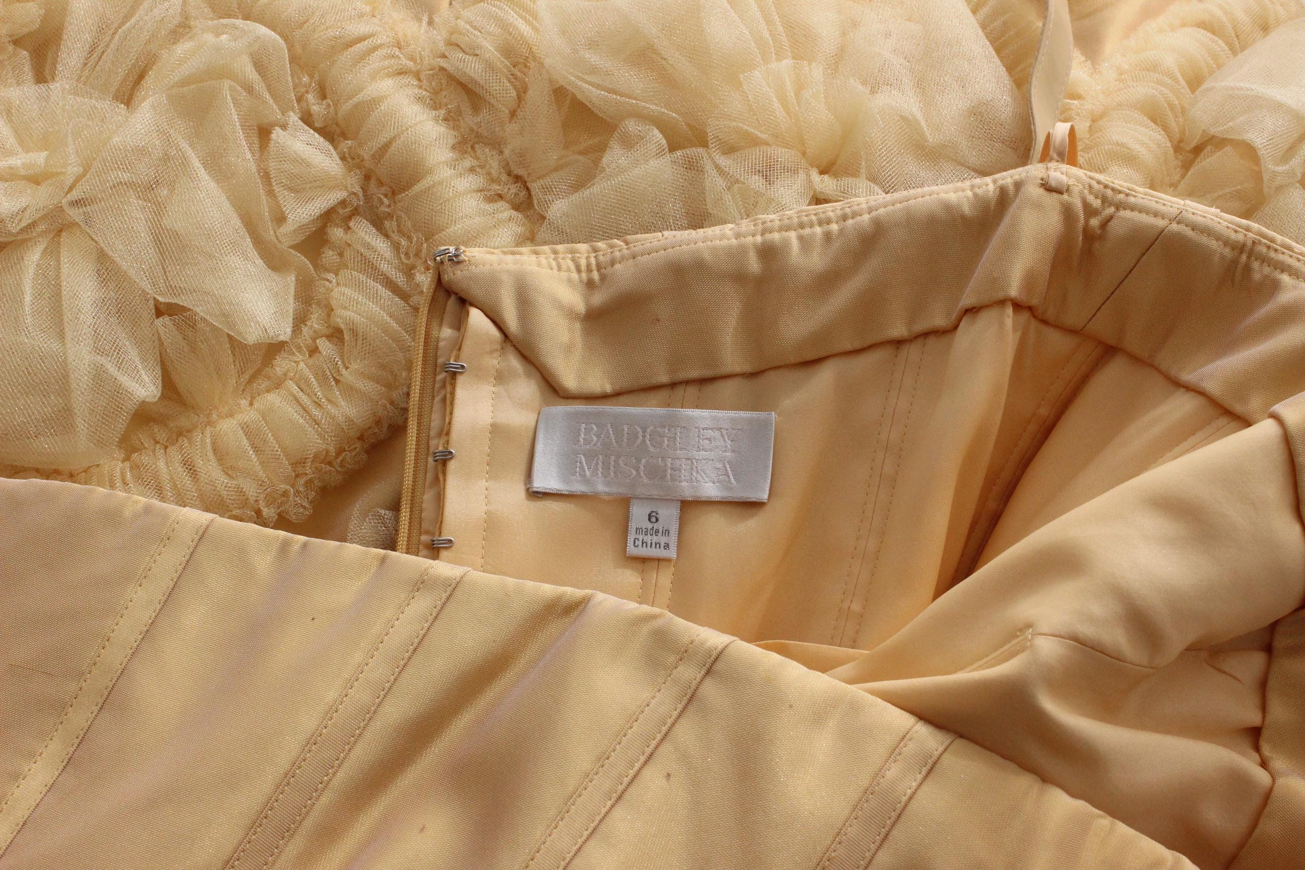 2000s Badgley Mischka Yellow Silk Strapless Bustier Dress w/ 3D Tulle Detailing