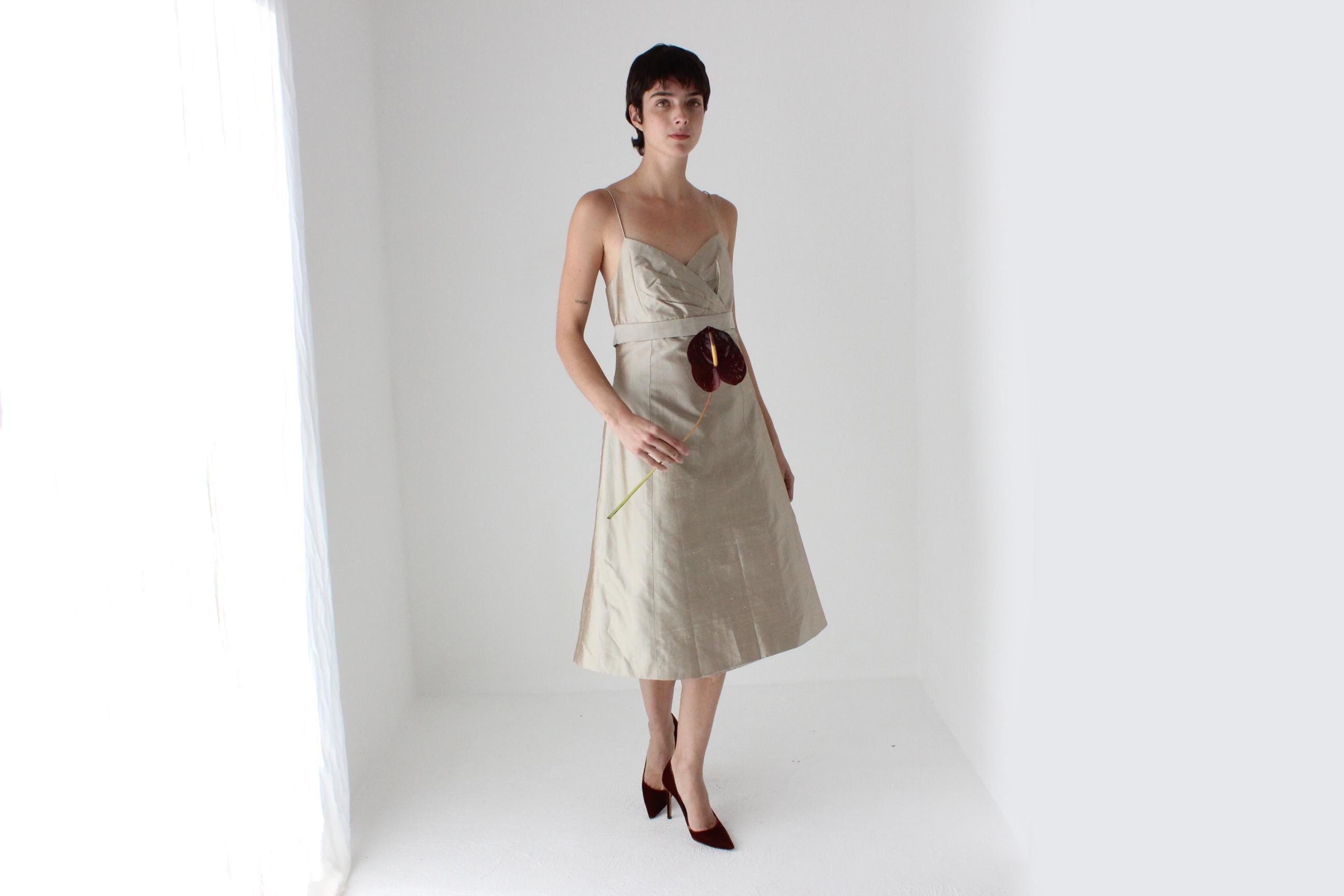 2000s Jenny Yoo Iridescent Raw Silk Neutral Cocktail Dress