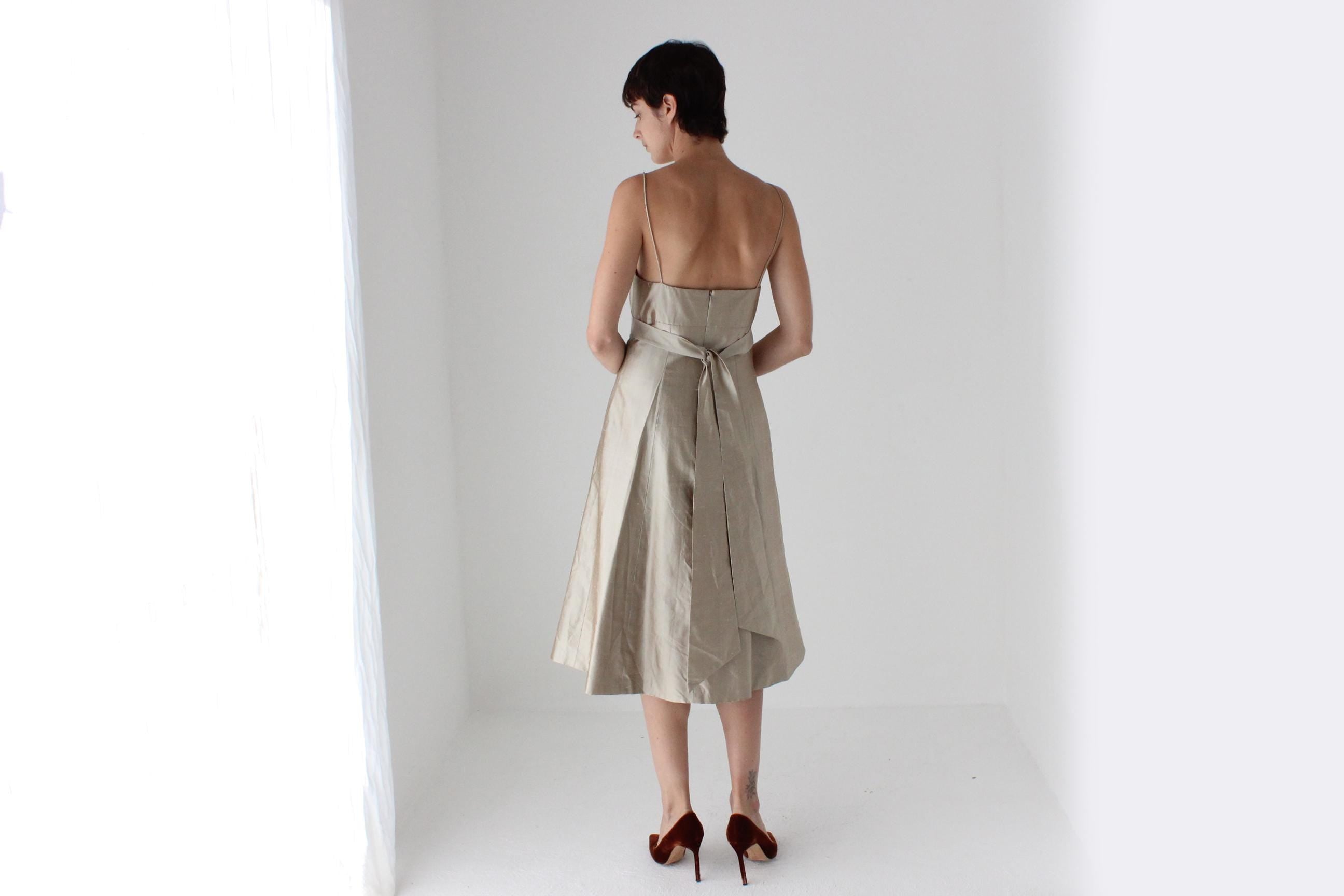 2000s Jenny Yoo Iridescent Raw Silk Neutral Cocktail Dress