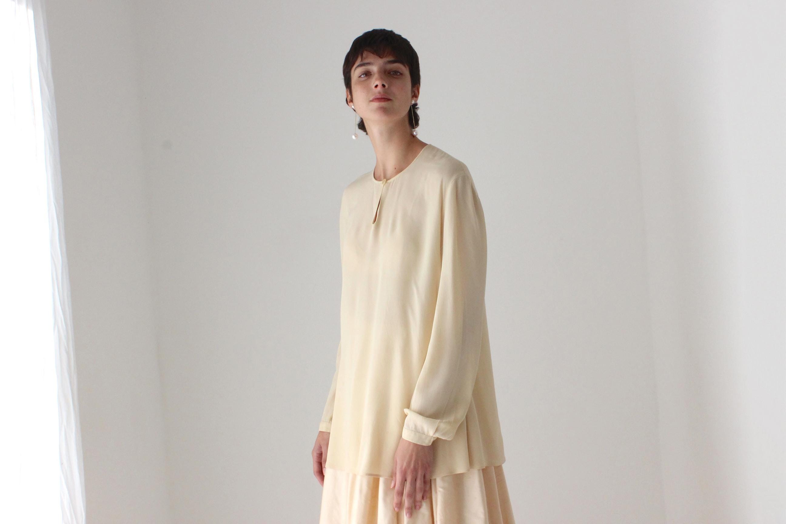 90s Giorgio Armani Silk Crepe Chiffon Relaxed Buttercream Blouse
