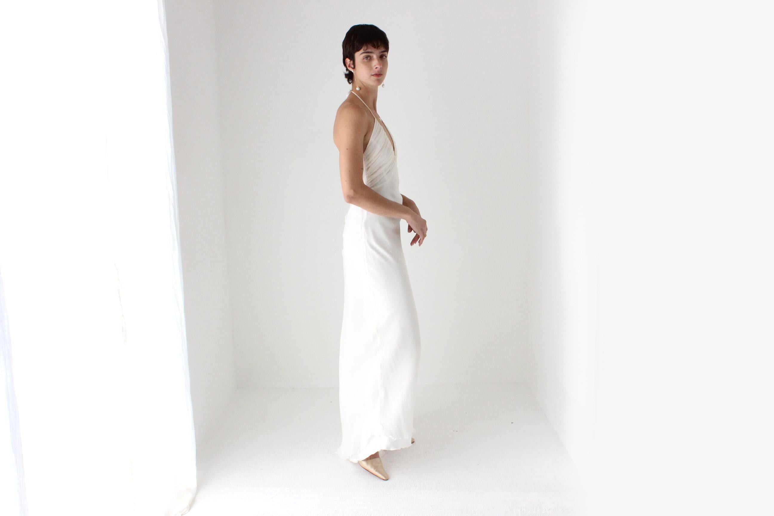 90s Lisa Ho Ivory Silk Georgette Halter Neck Bias Cut Wedding Dress