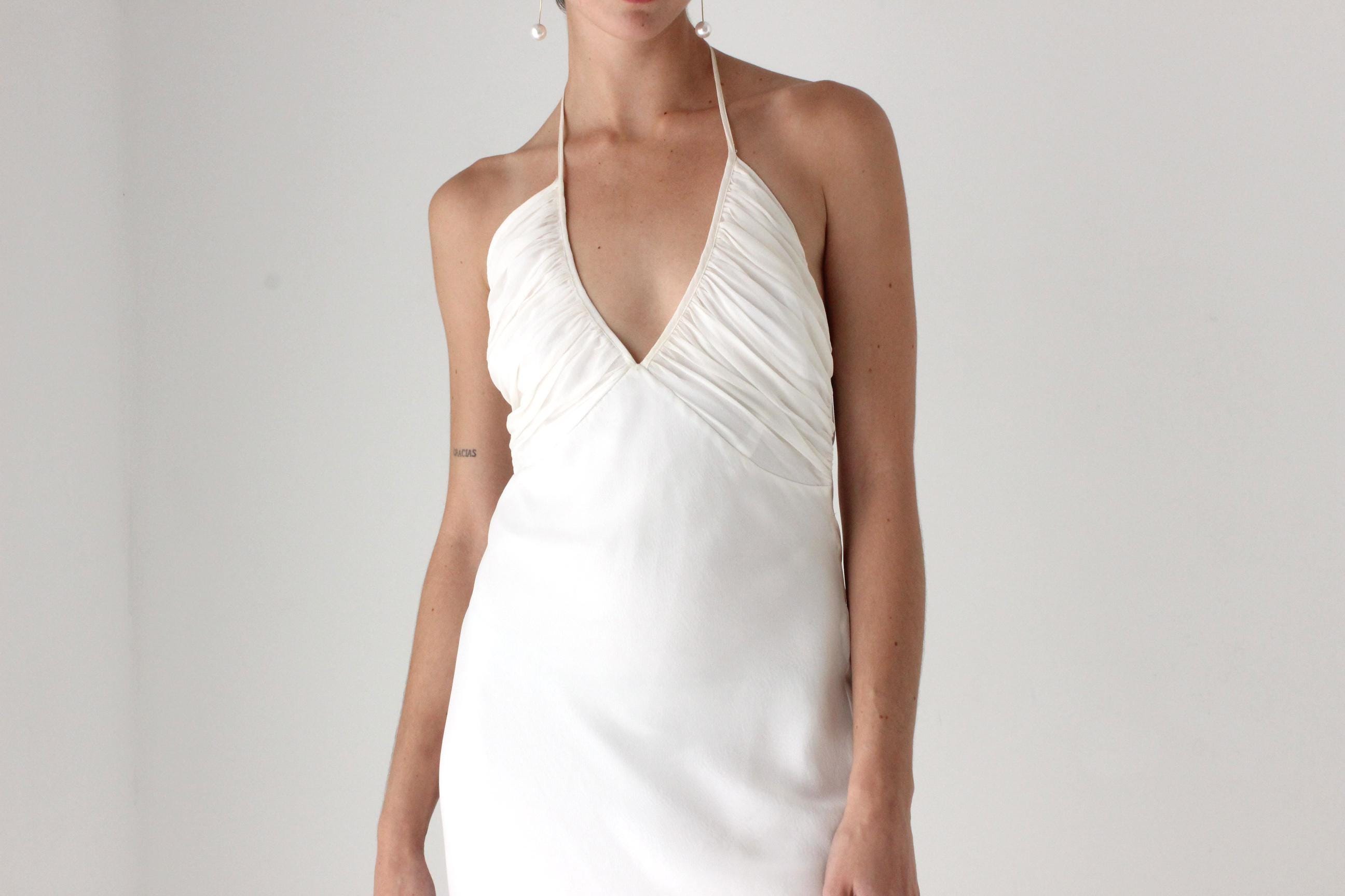 90s Lisa Ho Ivory Silk Georgette Halter Neck Bias Cut Wedding Dress