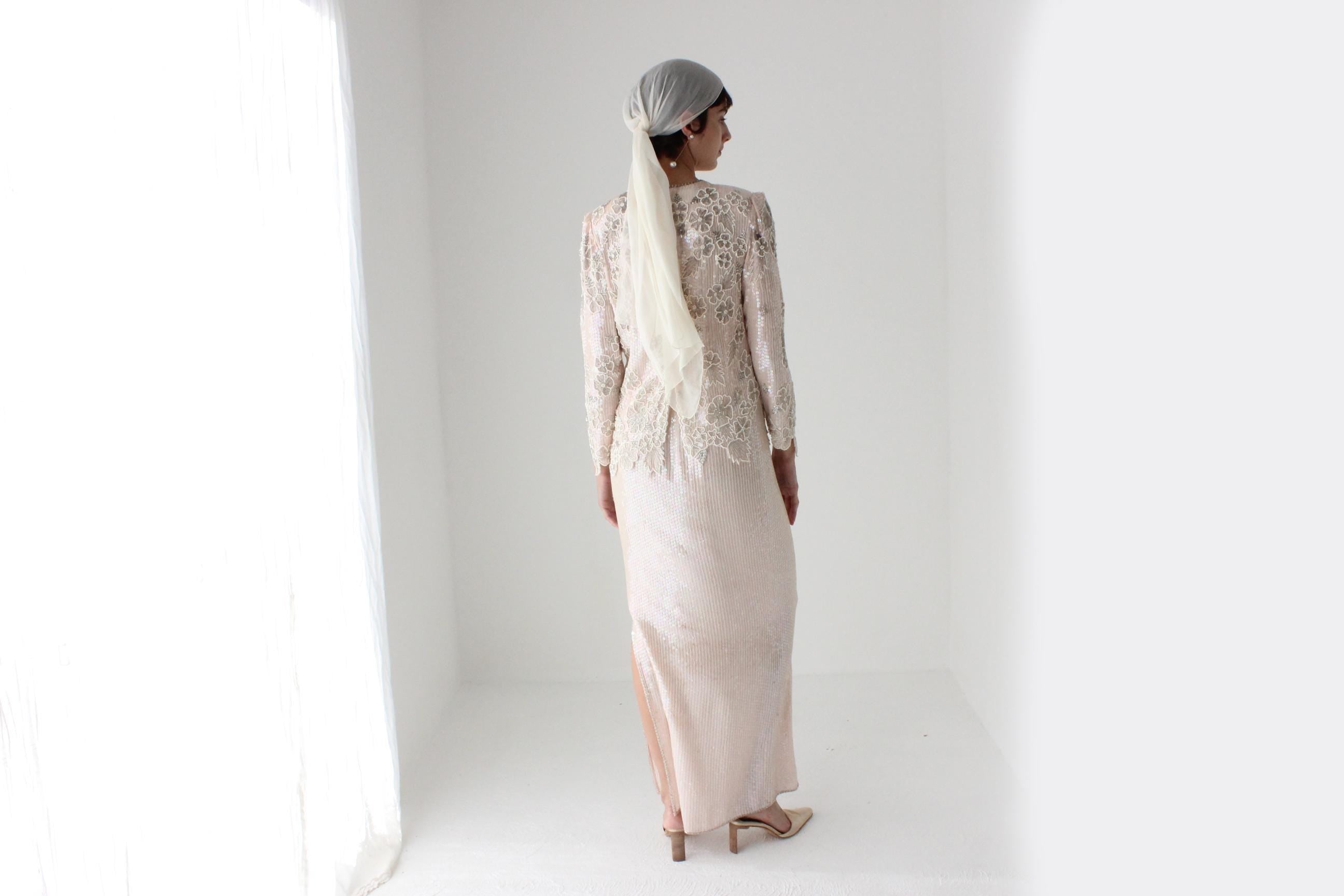 80s Pastel Sequin + Silk Long Sleeve Top & Maxi Skirt Disco Set